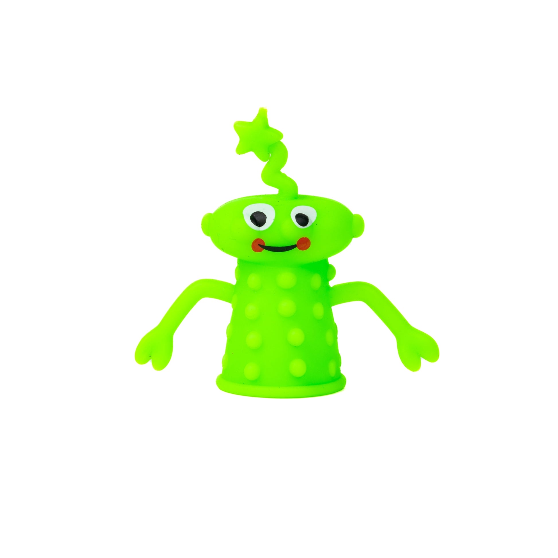 The Toysmith Monster Finger Puppet by Toysmith features a bright green, cartoon-style alien with a round bumpy body, wide arms, smiling face, and star-topped antenna, shown against a plain white background.