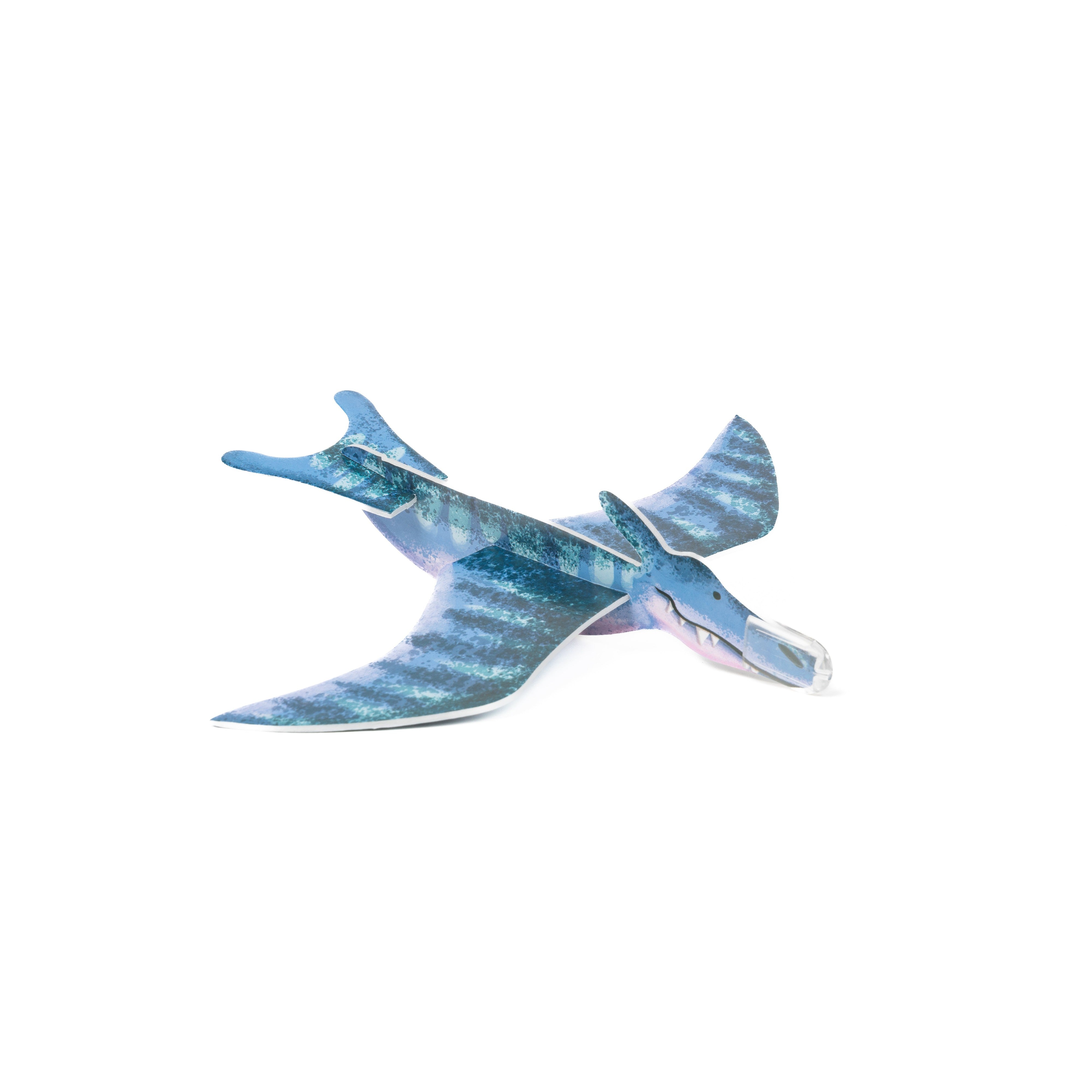 A Toysmith Dinosaur Gliders Flying Toy, in blue and white, features outstretched wings and resembles a pterosaur; it is displayed on a white background.