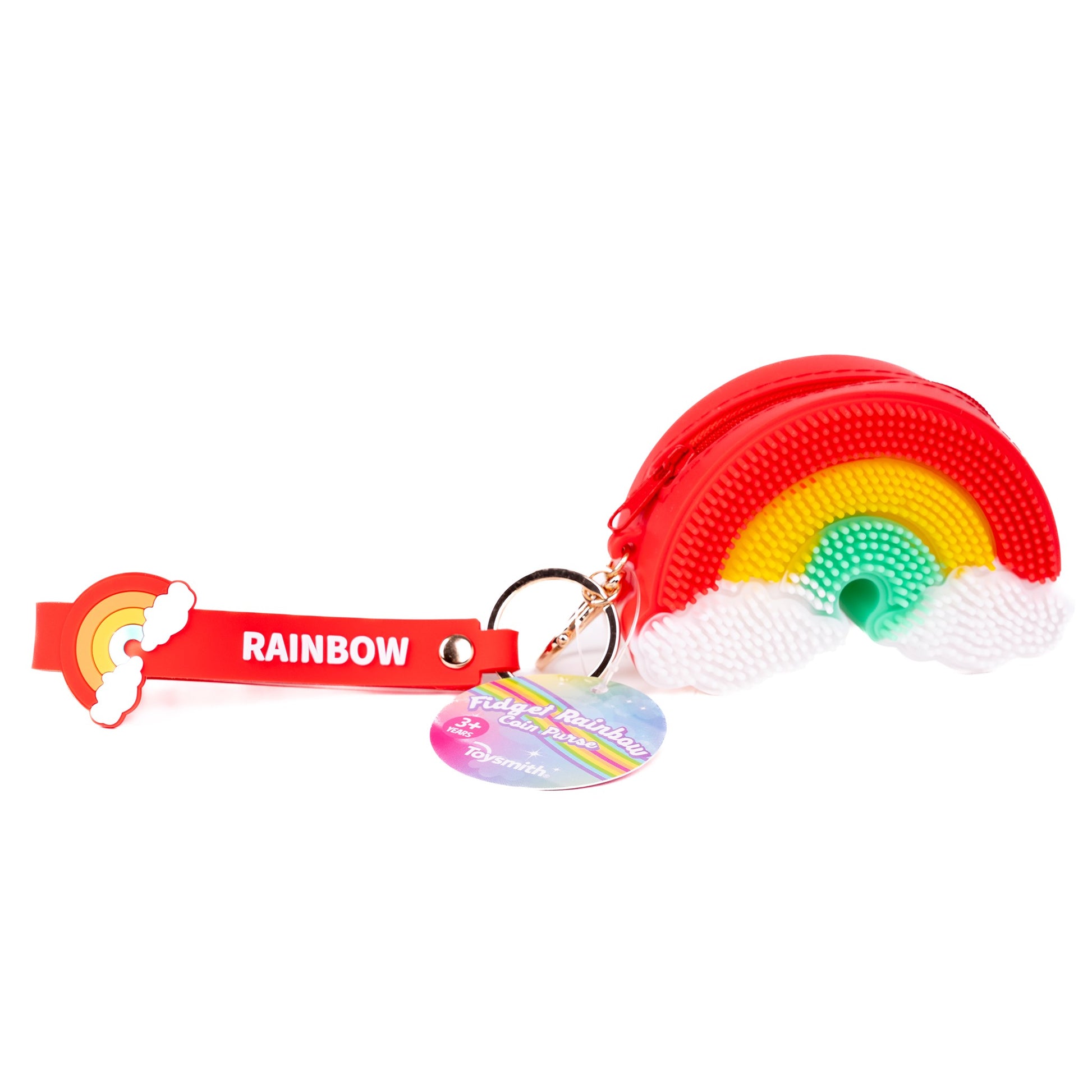 The Toysmith Fidget Rainbow Coin Purse & Key Chain is a small red purse shaped like a rainbow with clouds, featuring a keychain, red RAINBOW strap, and a round colorful tag—perfect for coins or as a cute collectible.