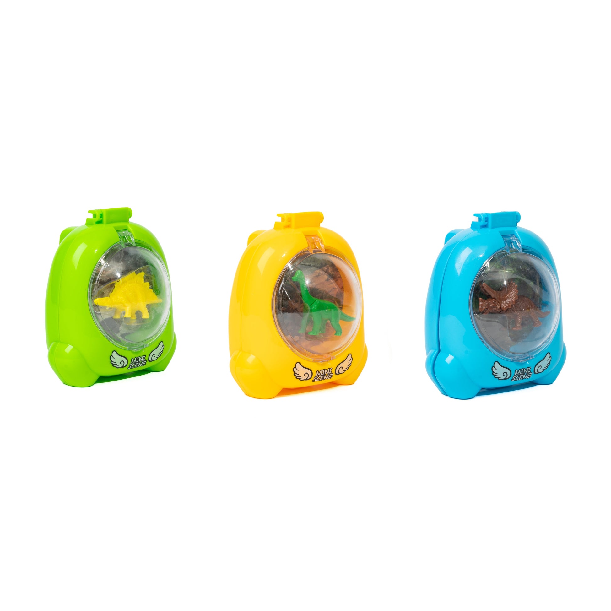 Three colorful plastic cases—green, yellow, and blue—each with a Toysmith Dinosaur Mini Worlds miniature dino figurine toy inside, displayed against a white background.
