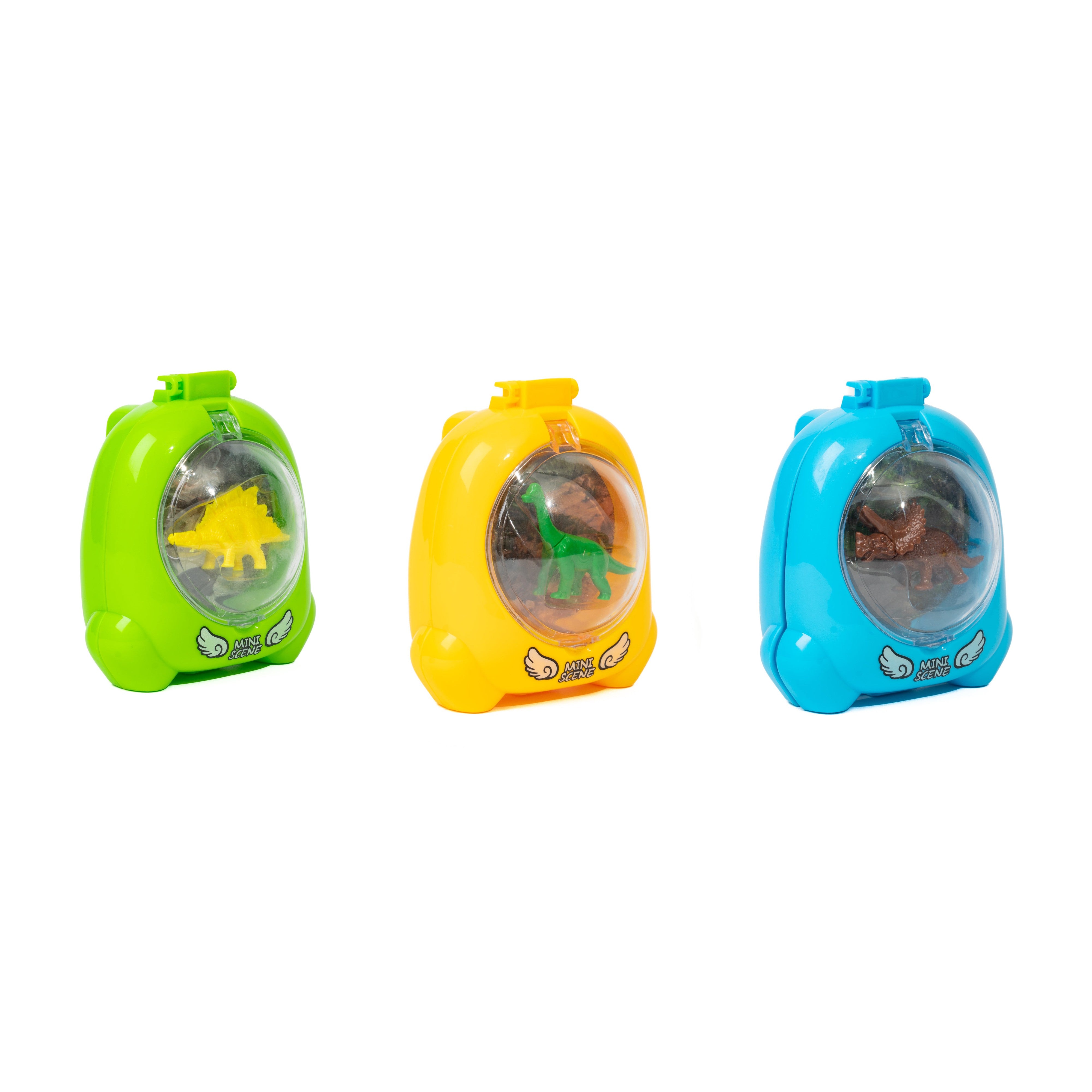 Three colorful plastic cases—green, yellow, and blue—each with a Toysmith Dinosaur Mini Worlds miniature dino figurine toy inside, displayed against a white background.
