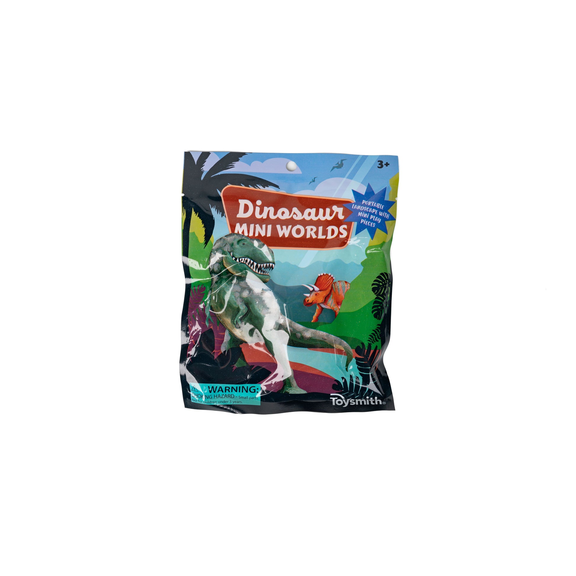 The Toysmith Dinosaur Mini Worlds Miniature Dino Figurine Toys come in a colorful package with dinosaur illustrations, including a green T. rex and an orange dino. Ideal for ages 3+, they're perfect for home or on-the-go play in a toy backpack.