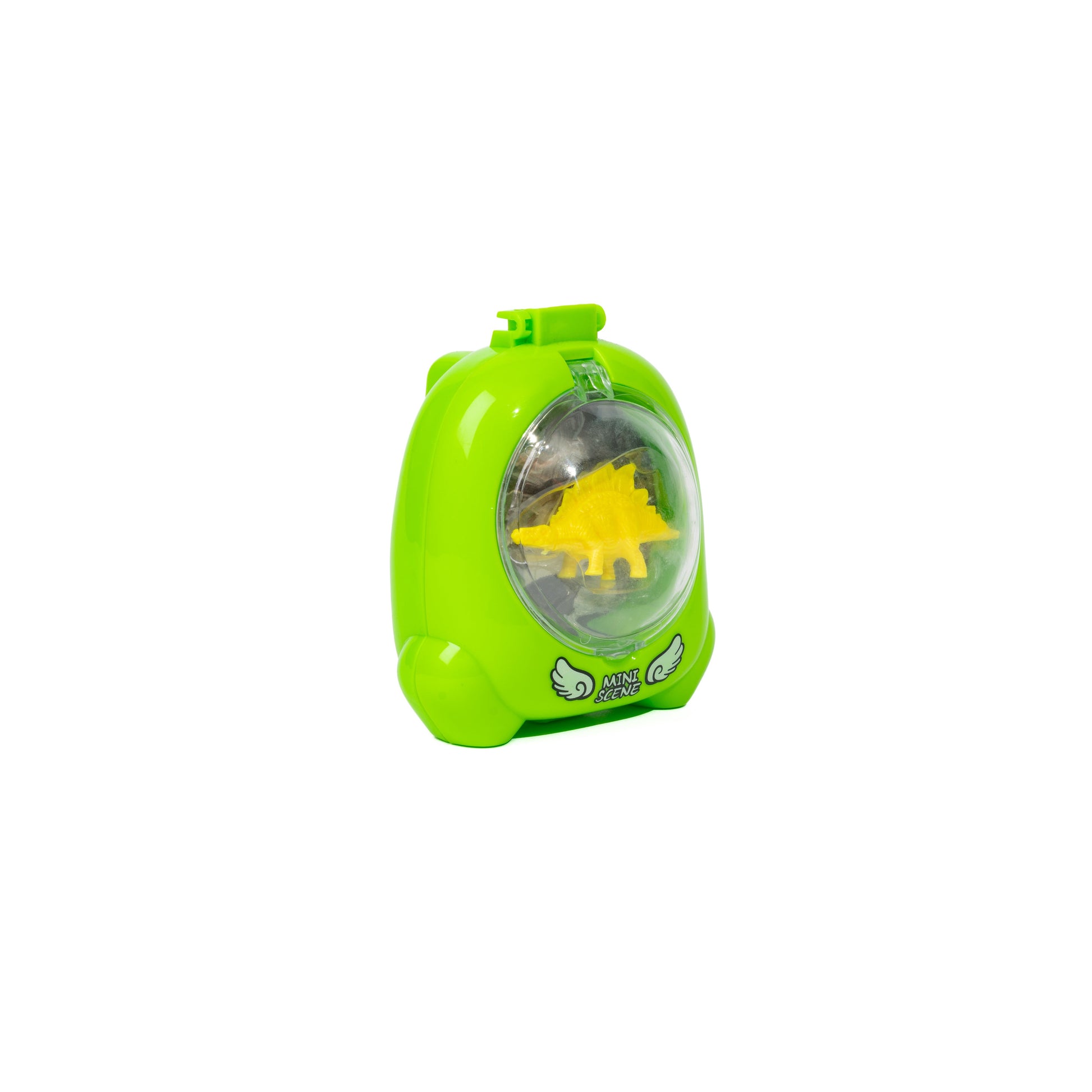 A green plastic capsule from Toysmith's Dinosaur Mini Worlds holds a small yellow dinosaur figurine. Featuring white graphics and a clear front, this collectible mini toy is displayed against a plain white background.