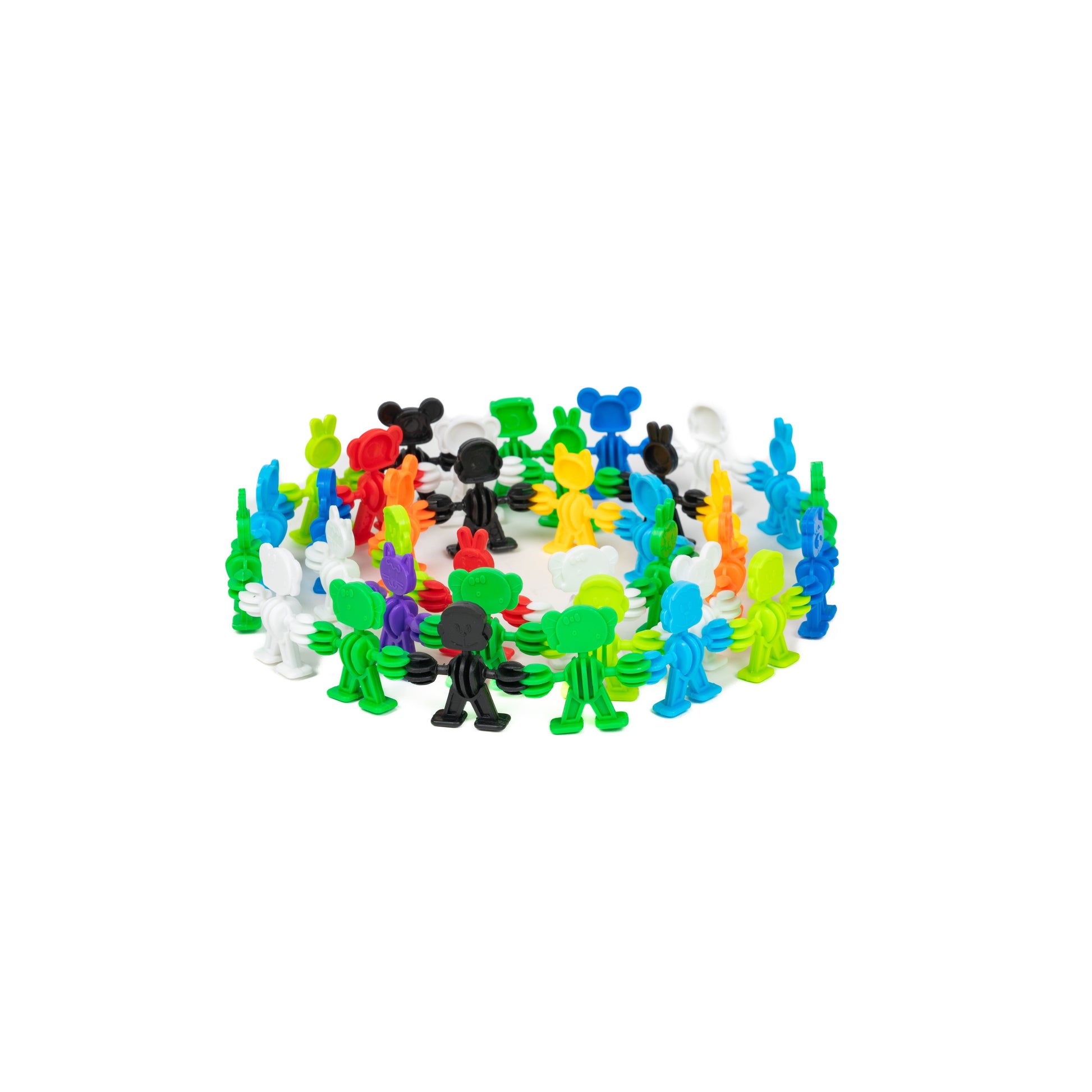 A circle of Toysmith Clever Connectors Building Blocks stands upright and outward on a white background, featuring colorful person-shaped plastic figurines in blue, green, black, red, and white.