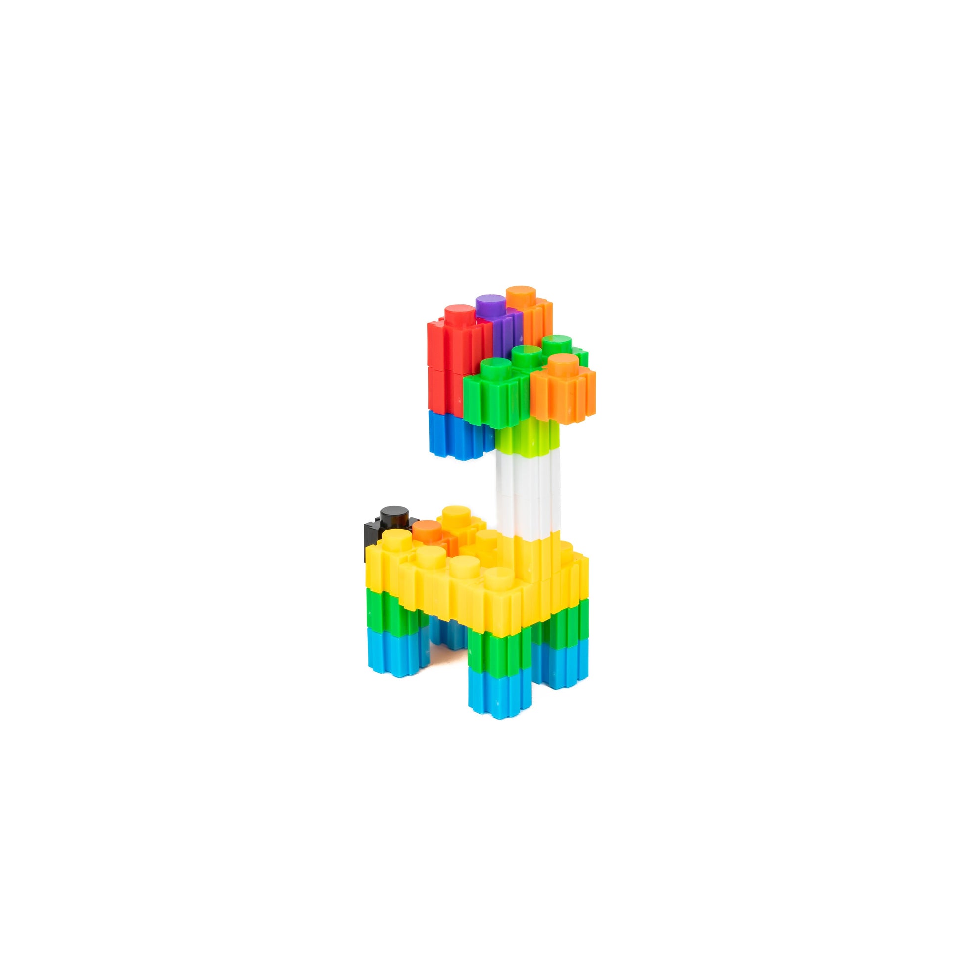 The Toysmith Clever Connectors Building Blocks Box Set is shown assembled into a giraffe shape with yellow, green, blue, red, orange, purple, black, and white pieces on a white background.