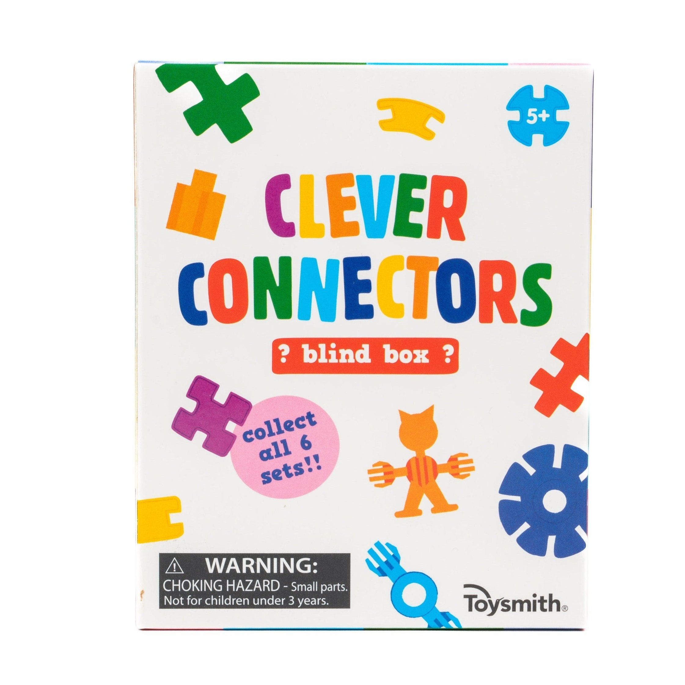 A Toysmith Clever Connectors Building Blocks Box Set blind box with colorful blocks, a cat figure, age 5+ label, collect all 6 sets notice, and a choking hazard warning.
