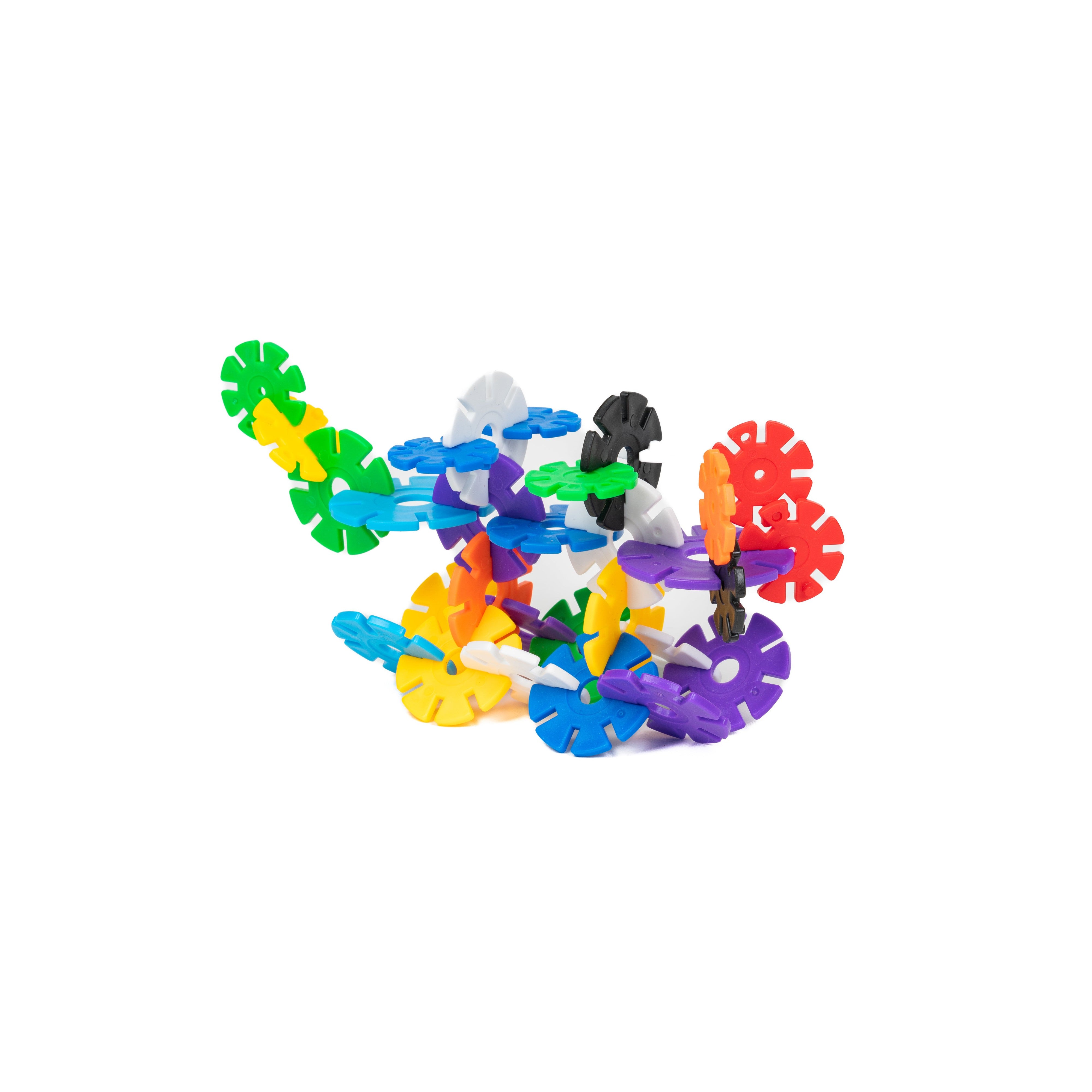 A vibrant display of Toysmith Clever Connectors Building Blocks Box Set, featuring interlocking plastic discs stacked in a playful, abstract design on a white background.