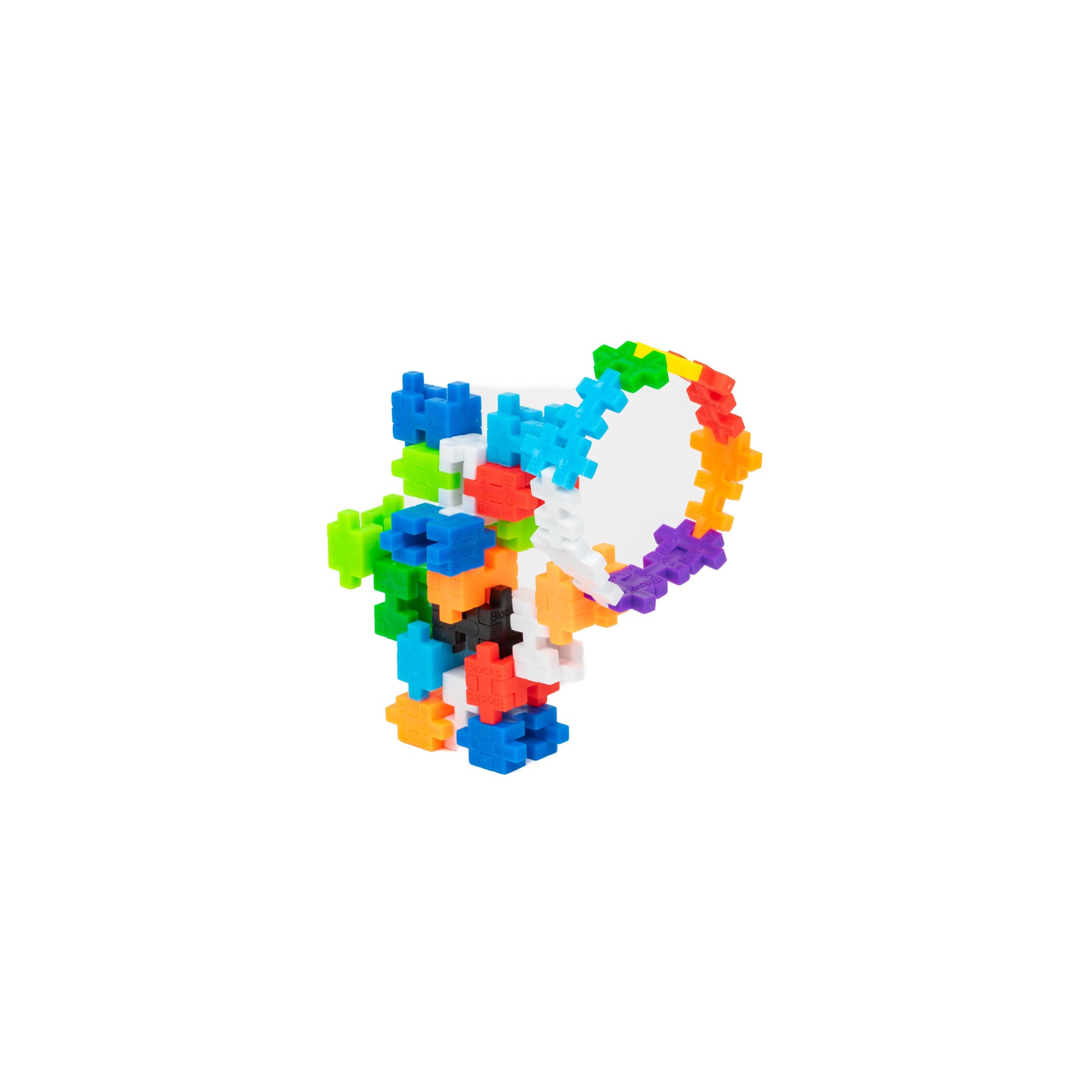 A vibrant structure built with the Toysmith Clever Connectors Building Blocks Box Set, shaped like a question mark.