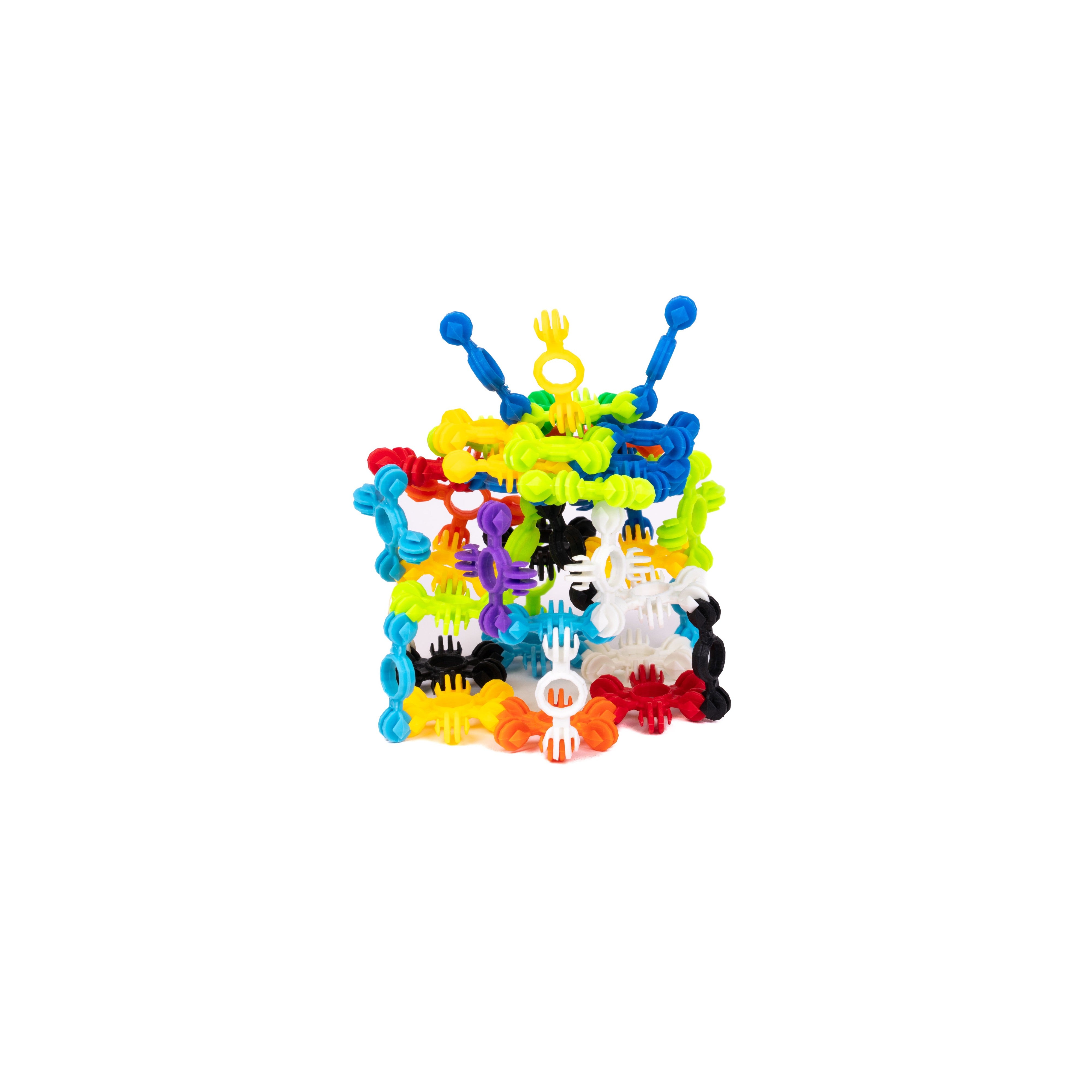 A vibrant 3D shape built from Toysmith’s Clever Connectors Building Blocks Box Set in blue, yellow, orange, red, black, and white, forms a cube with antenna-like extensions on top.