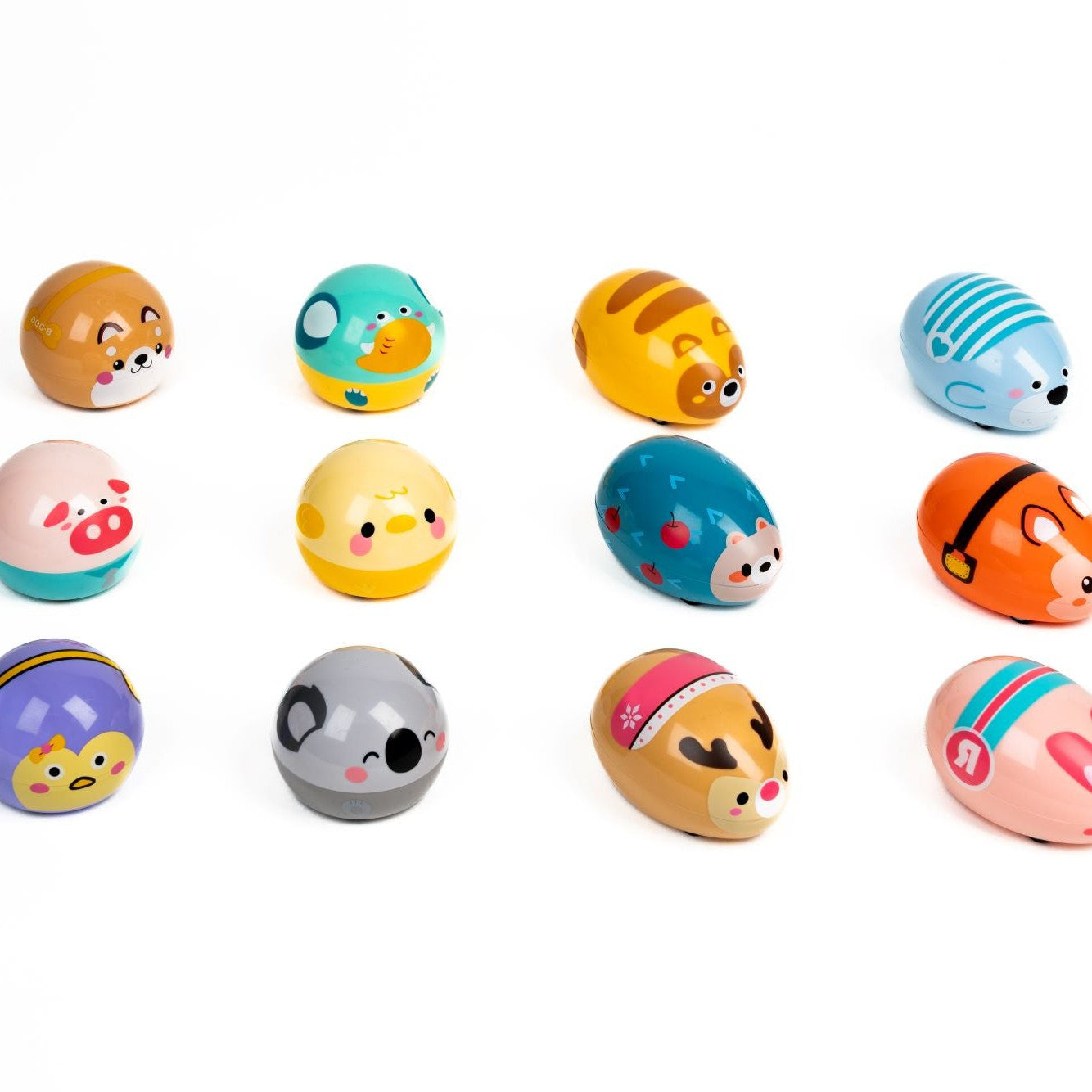 Farm Fresh Zippy Critters by Farm Fresh are twelve magnetic, egg-shaped pull-back toys with colorful animal faces—bear, pig, koala, and more—arranged neatly for imaginative farm play.