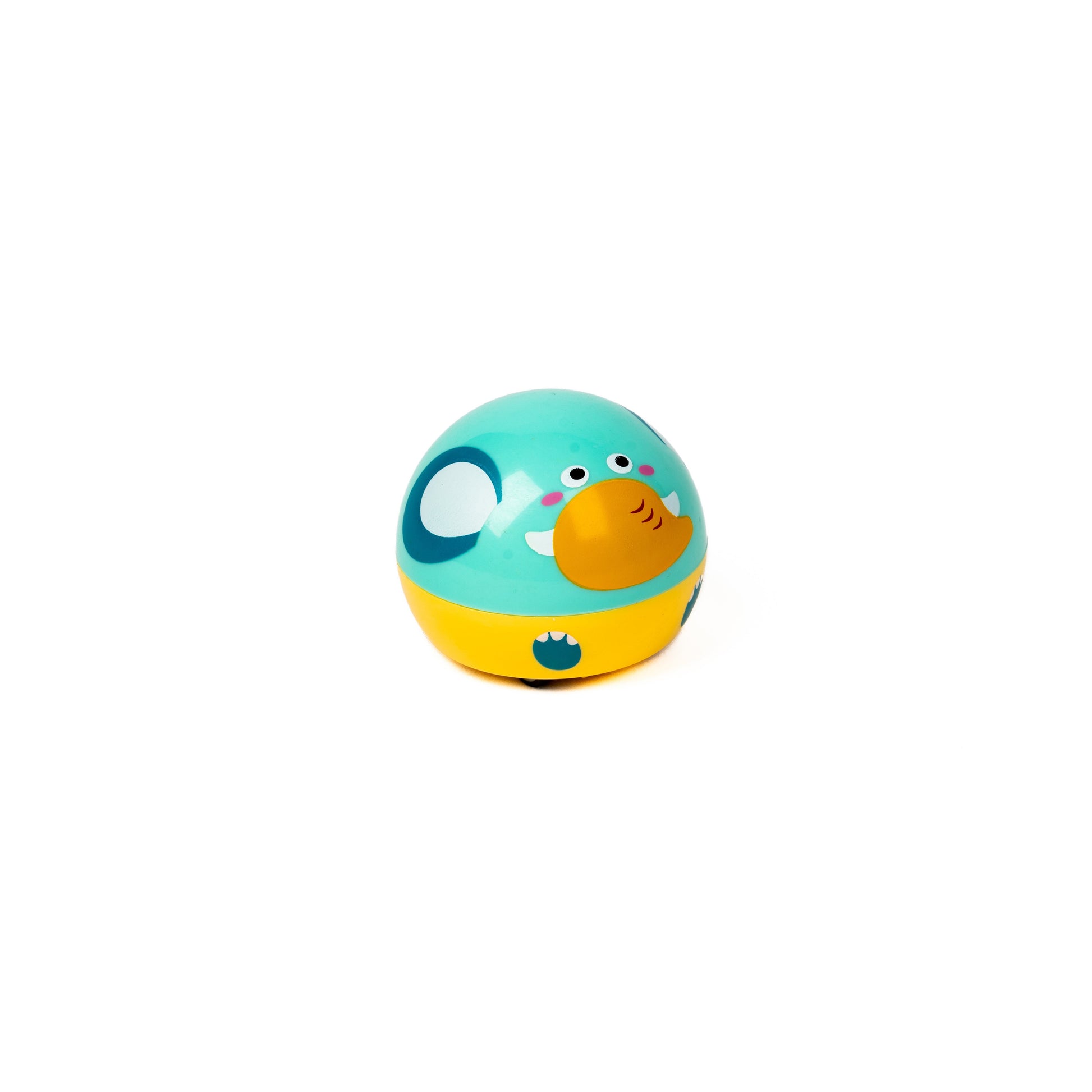 Farm Fresh Zippy Critters by Farm Fresh: a round, teal and yellow magnetic pull-back toy with an elephant face, perfect for imaginative farm play. Shown against a plain white background.