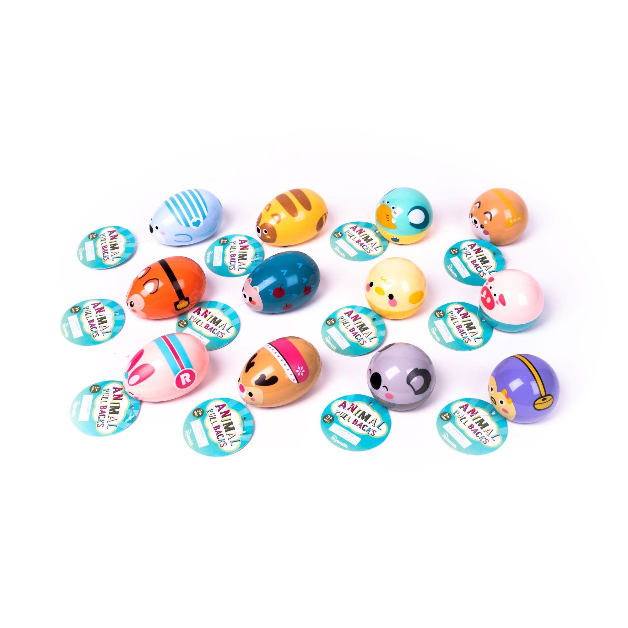 Fifteen colorful Farm Fresh Zippy Critters magnetic pull-back toys, each egg-shaped with cartoon faces, are paired with Animal Rescue cards—perfect for imaginative farm play featuring various species and fun designs.