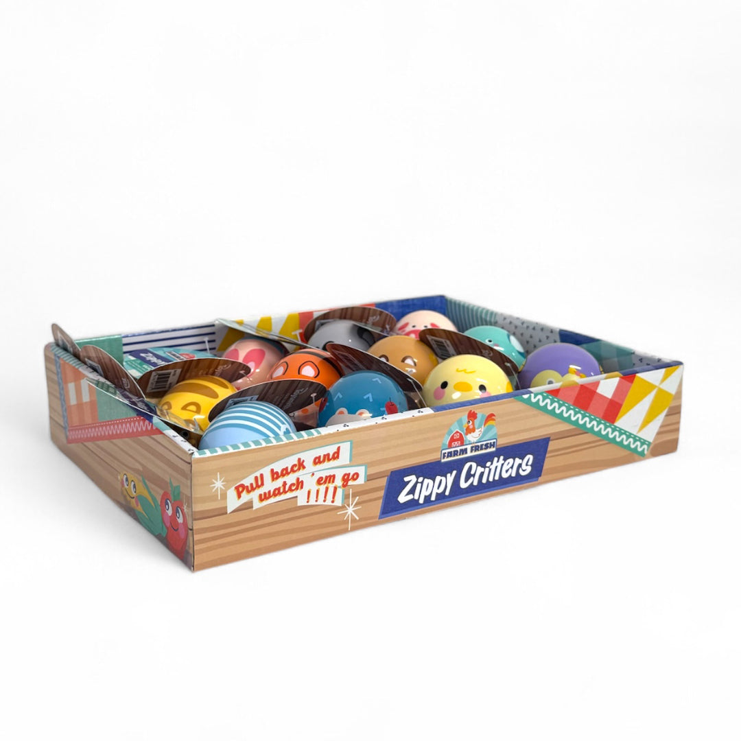 The Farm Fresh Zippy Critters Magnetic Pull-Back Toys by Farm Fresh come in a display box with playful patterns and the phrase "Pull back and watch 'em go," featuring colorful, cartoon farm animals perfect for imaginative play.