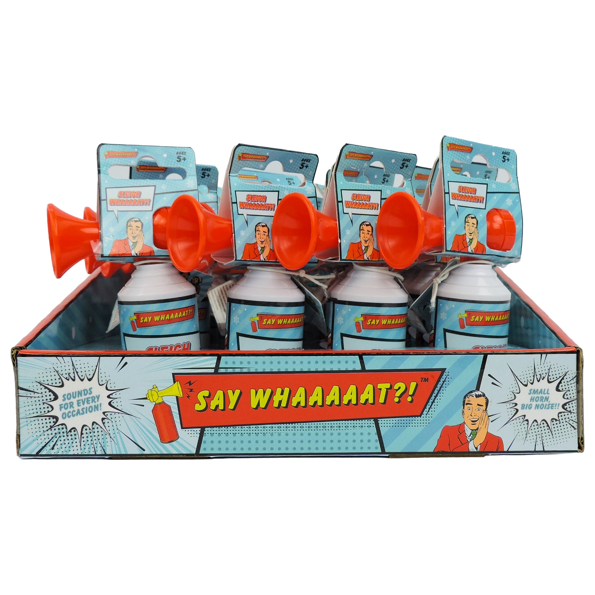 A display box holds several Toysmith Sleigh Whaaaaat?! mini air horns with comic graphics, holiday humor, and a retro-style man on the packaging. Each air horn adds festive fun with its Say WHAAAAAT?! label. Brand: Toysmith.