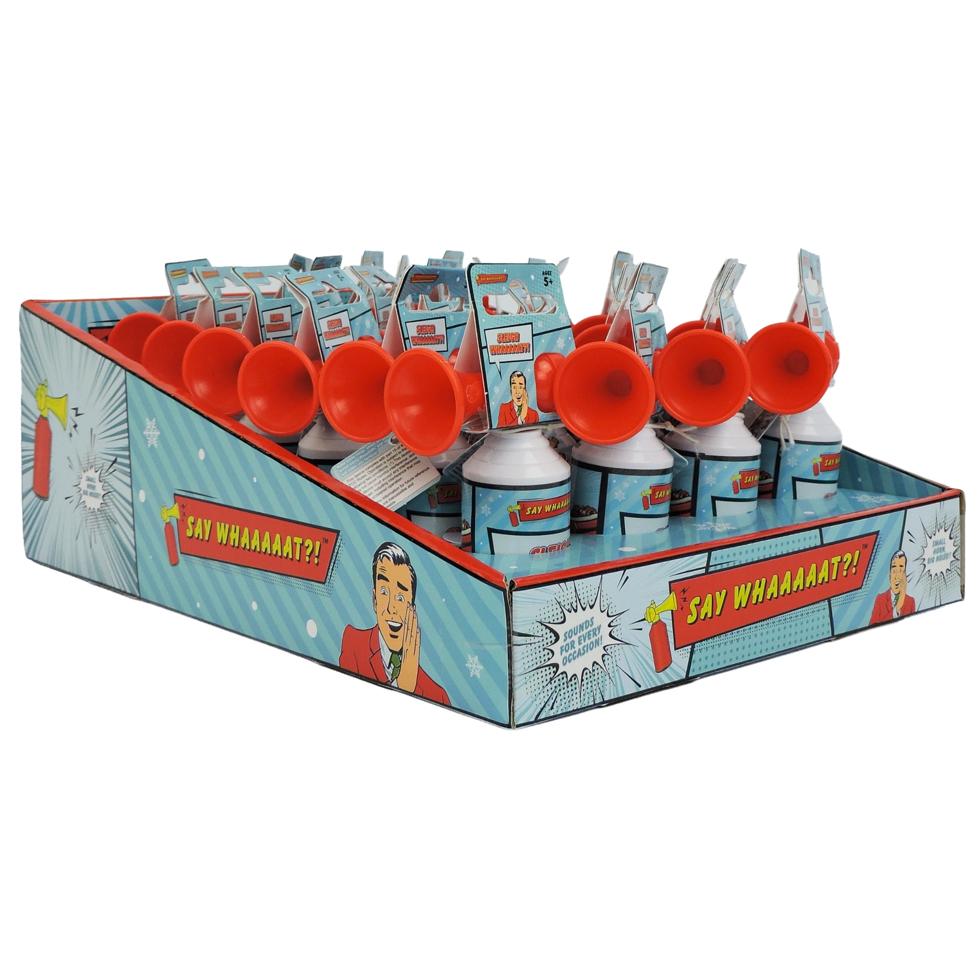 A display box of Toysmith Sleigh Whaaaaat?! mini air horns by Toysmith, decorated with comic-style art, a surprised man, and “SAY WHAAAAT?!” in bright yellow and red—ideal for holiday noise and fun surprises!.