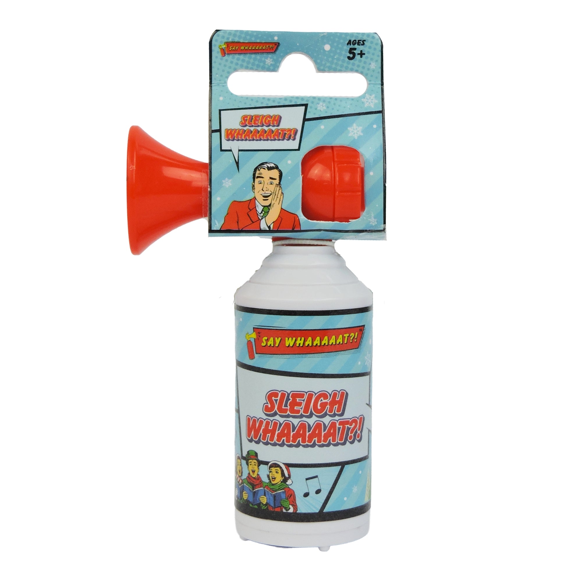The Toysmith Sleigh Whaaaaat?! mini air horn features a red horn, comic-style "Sleigh Whaaaaat?!" label, cartoon characters, musical notes, and is packaged for ages 5+. Perfect for making festive holiday noise. Brand: Toysmith.