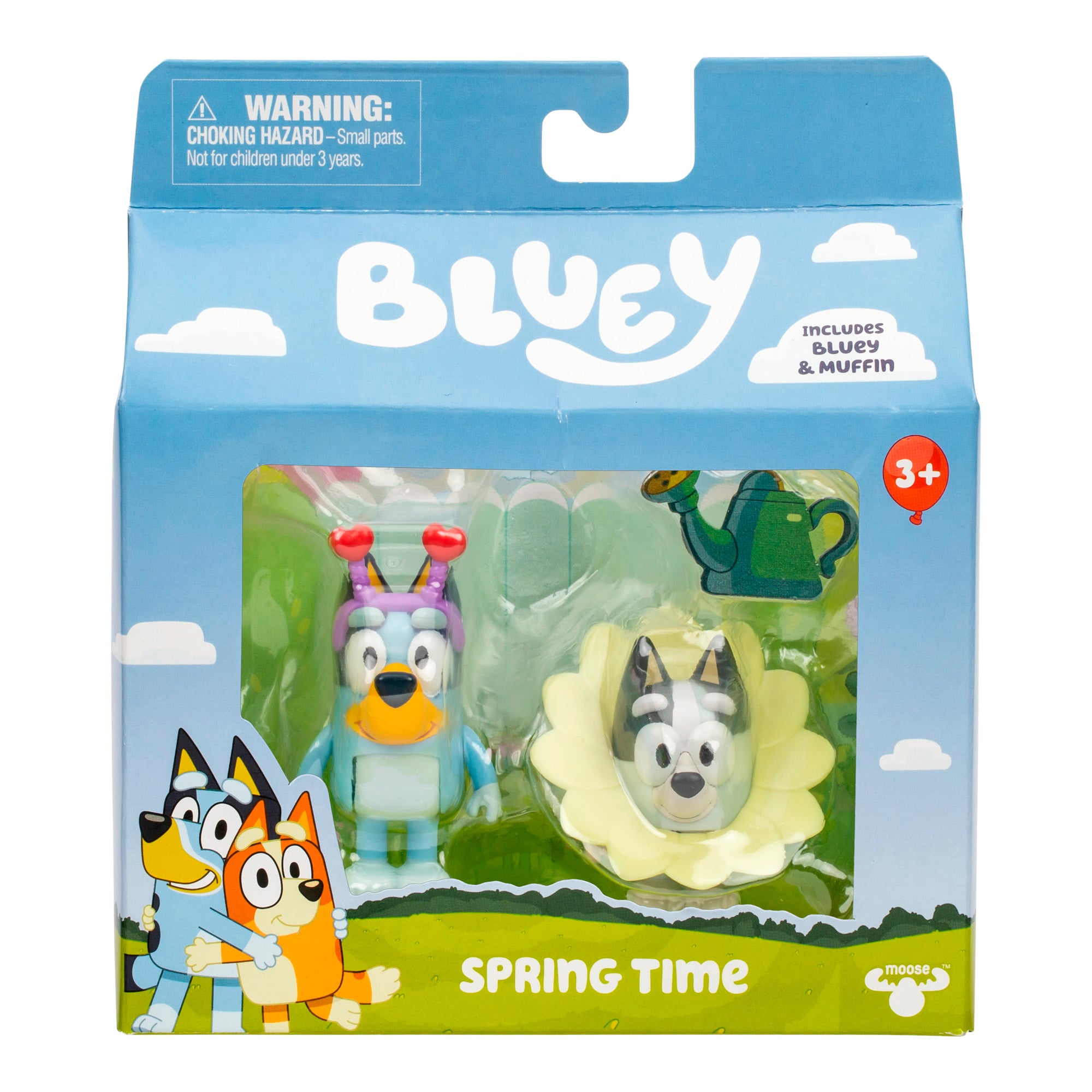 Toy figure set packaging with 'Bluey' branding and characters on a blue background