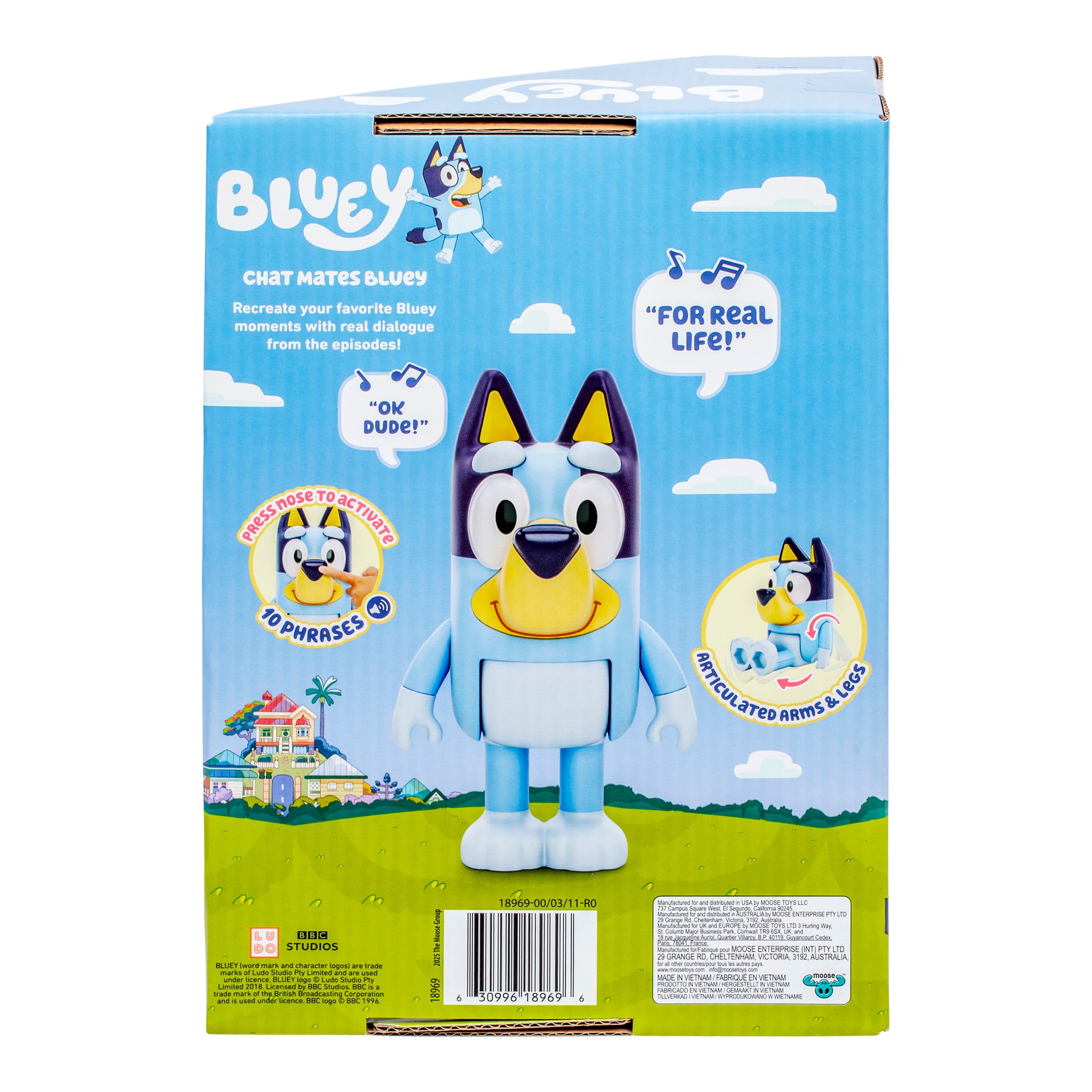 Box packaging of a Bluey toy figure with branding and character illustrations on a blue and green background.