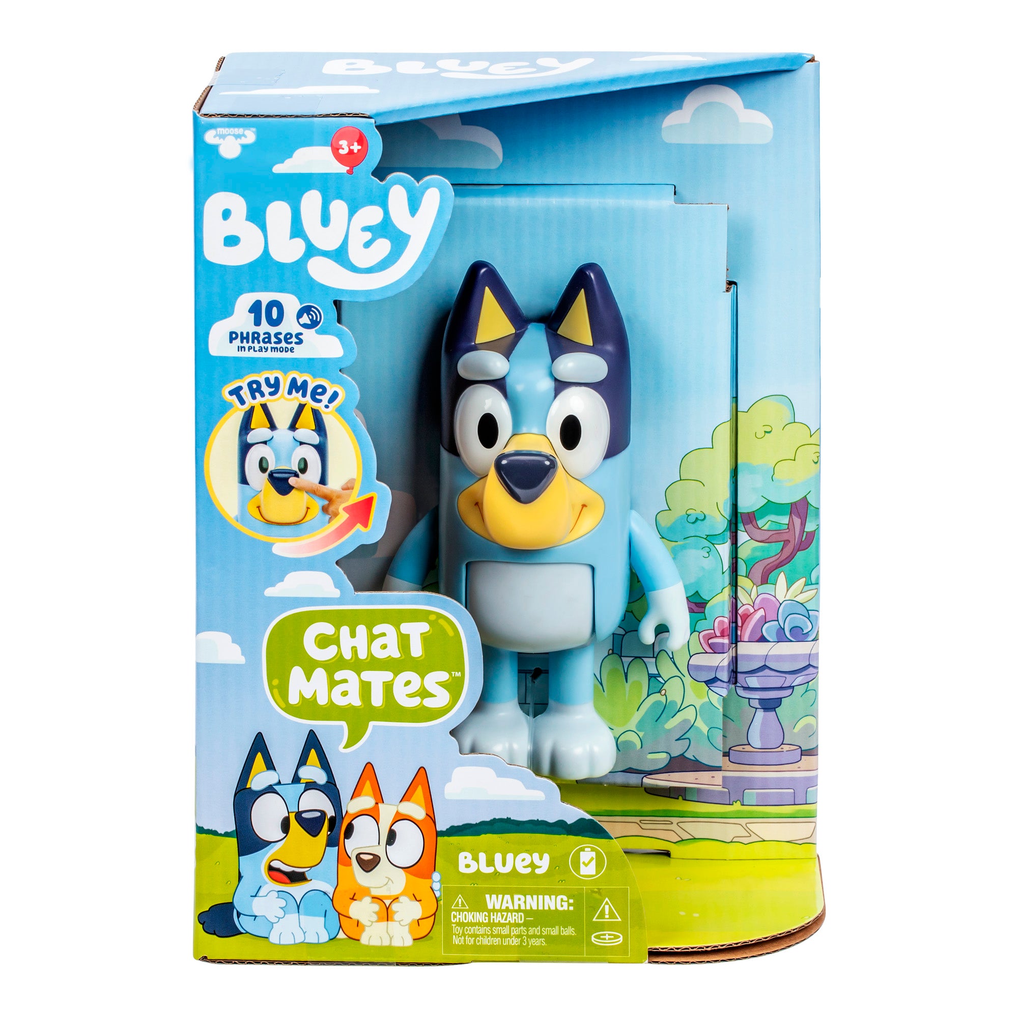 Bluey toy figure in packaging with character illustration on a white background