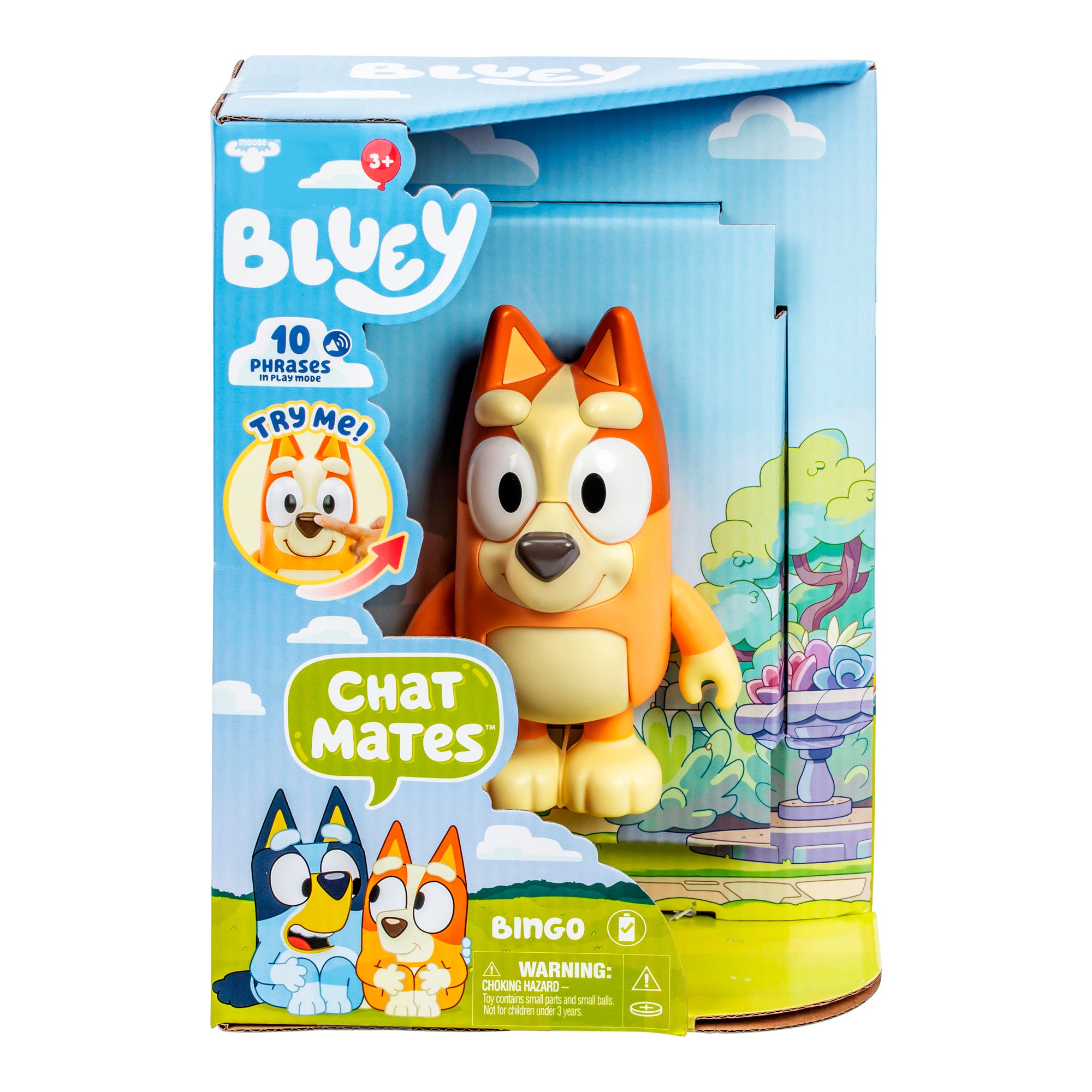 Toy figure in packaging with 'Bluey' branding and character illustration.