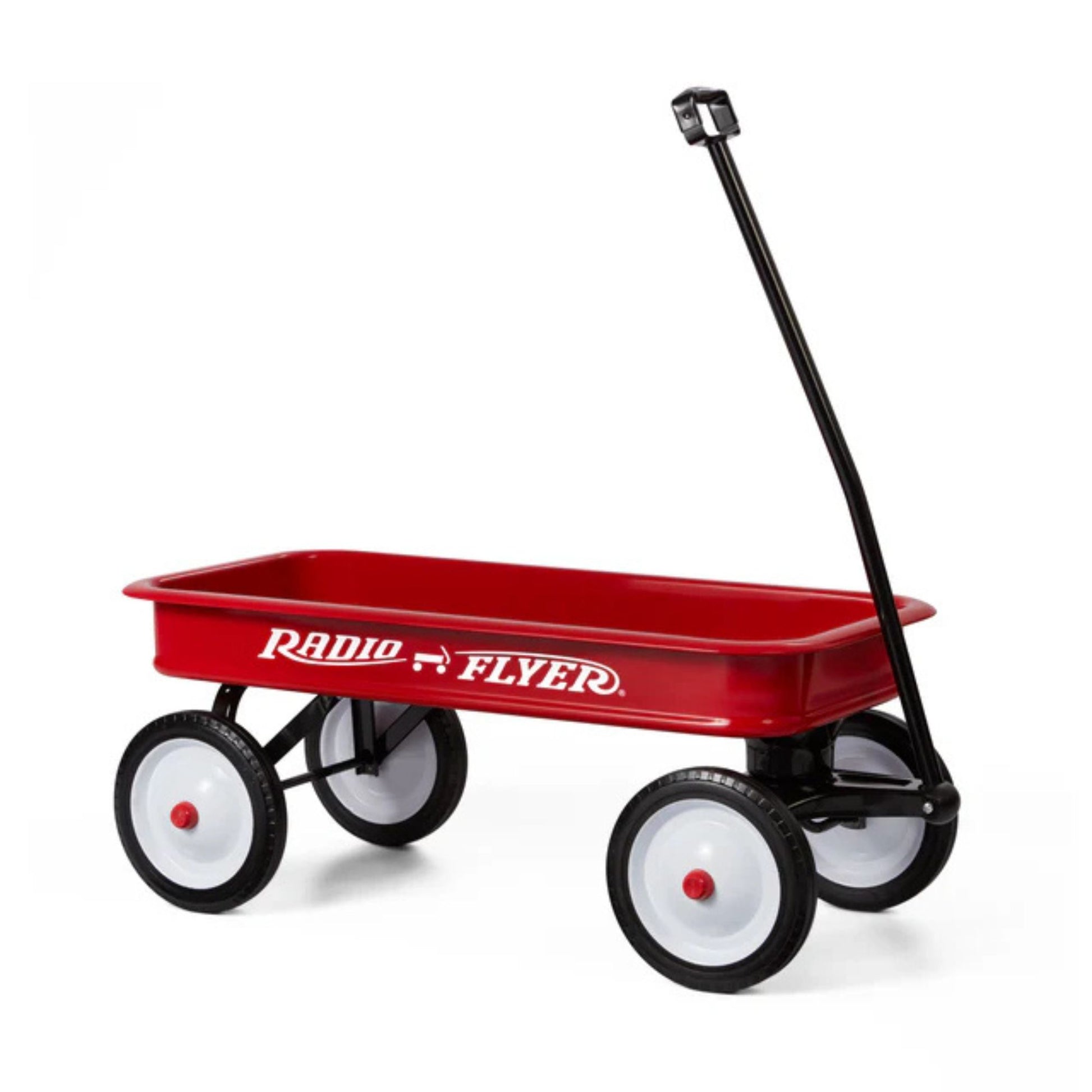 The Radio Flyer Classic Red Wagon by Radio Flyer features four white wheels and a long black pull handle, displayed against a white background.