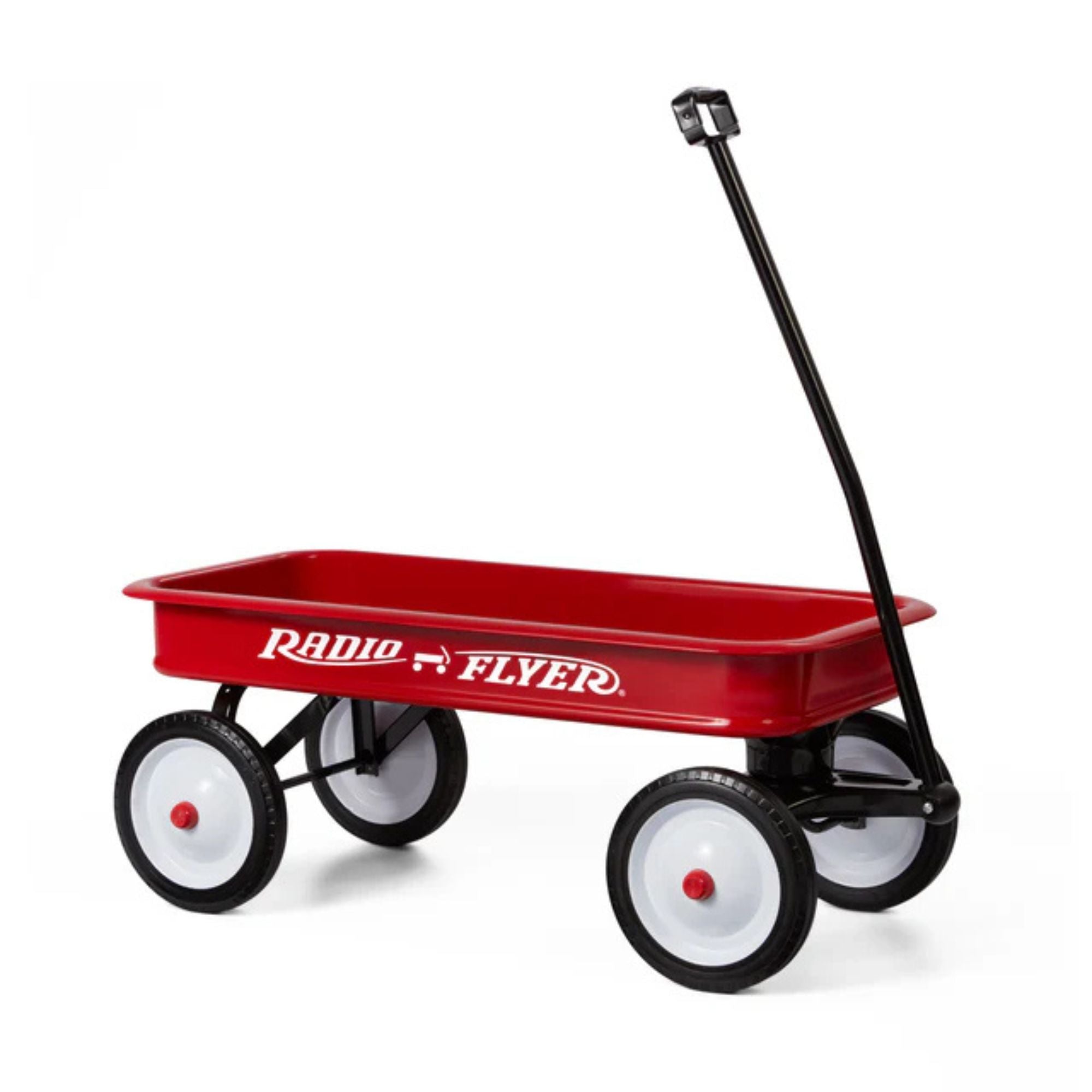 The Radio Flyer Classic Red Wagon by Radio Flyer features four white wheels and a long black pull handle, displayed against a white background.