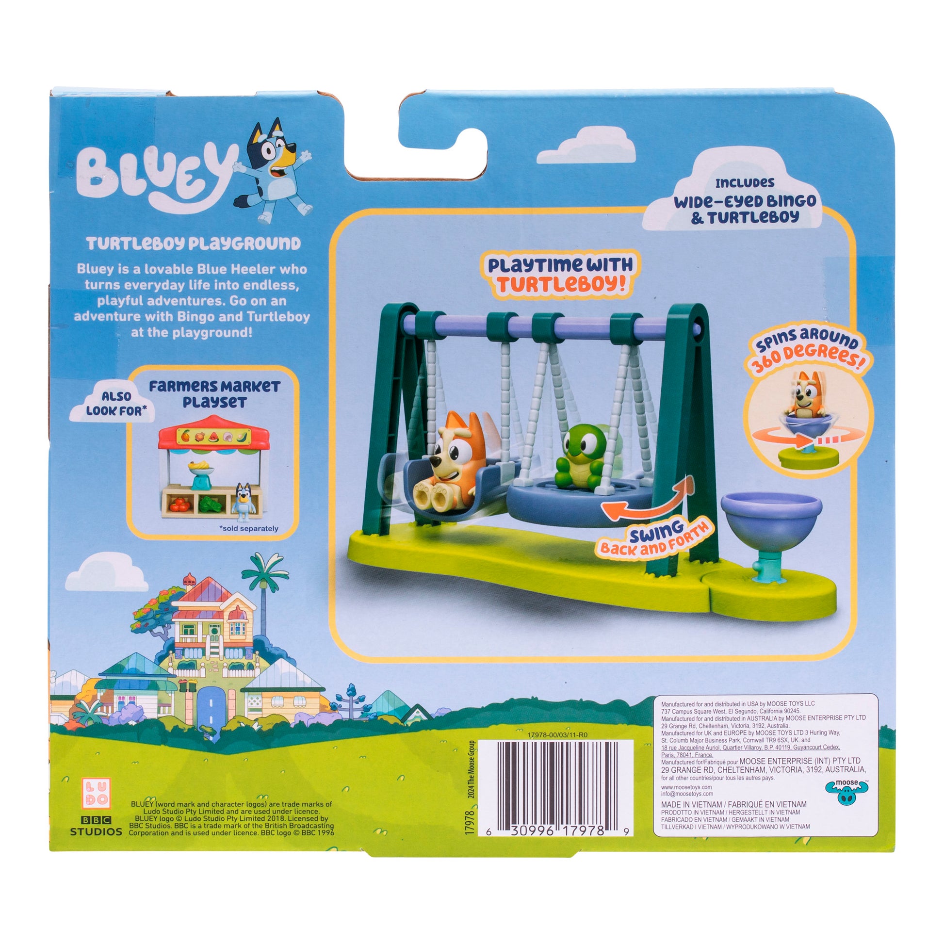 Toy playground set packaging with Bluey branding