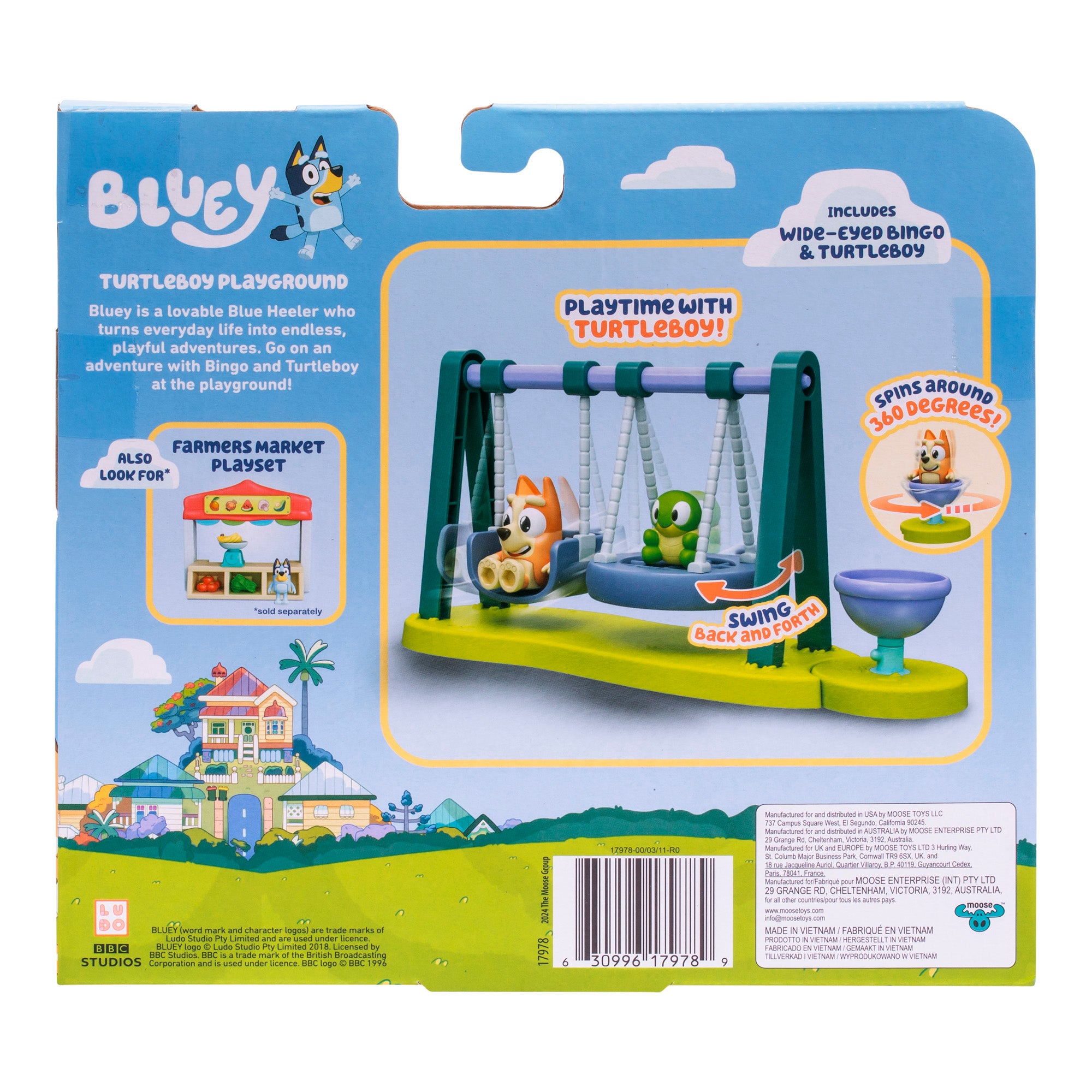 Toy playground set packaging with Bluey branding
