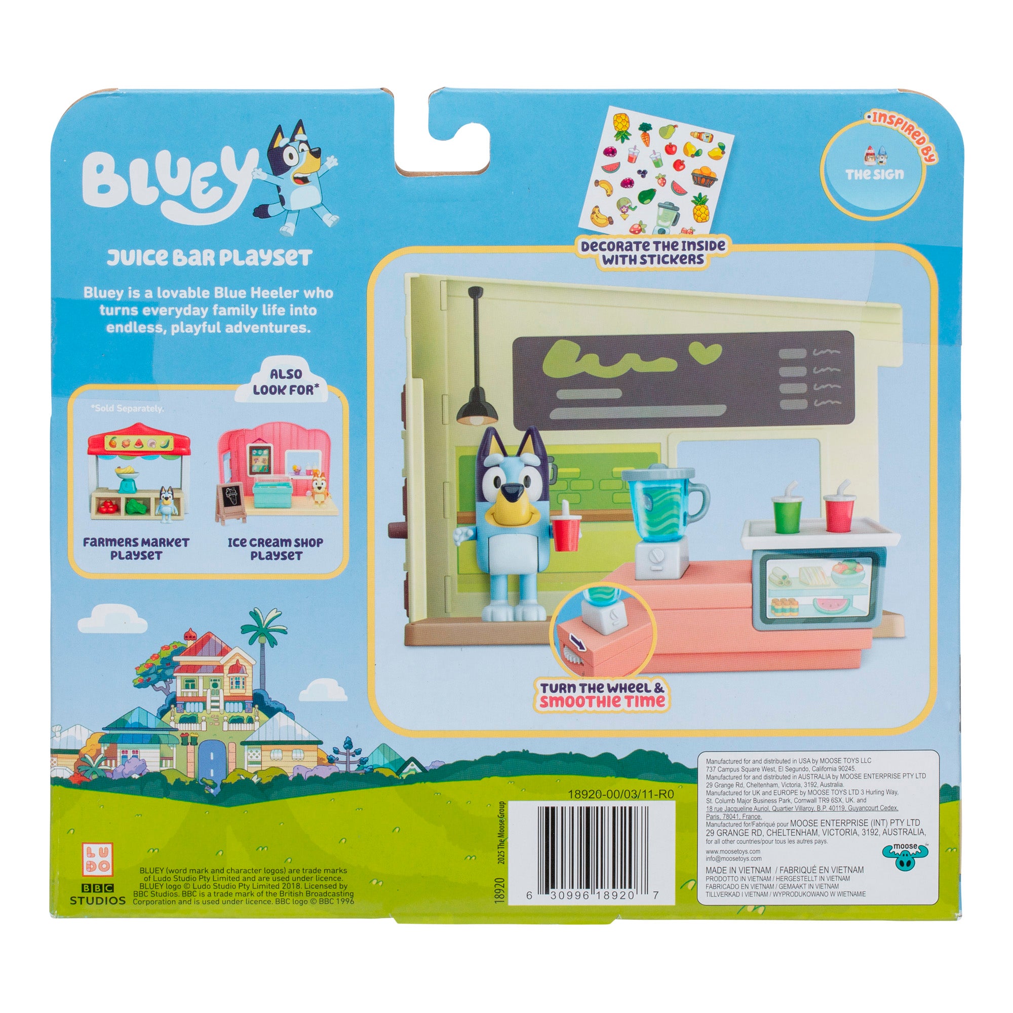 Bluey Juice Bar Playset packaging with character and playset images on a blue background