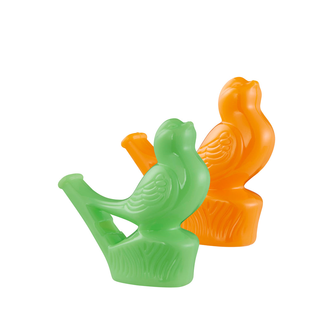 Two Neato! Bird Whistles by Neato!—one green, one orange—sit side by side on a white background. These plastic sound toys feature detailed wing and feather markings for interactive fun.