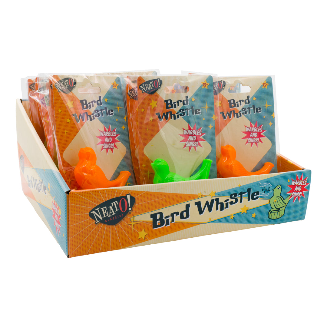 The Neato! Bird Whistles display box holds several individually packaged plastic whistles in orange and green. With colorful retro-style designs, this Neato! sound toy delights kids and collectors alike.