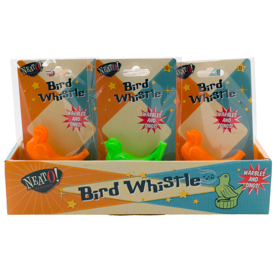 A display box of Neato! Bird Whistles by Neato! features three bird-shaped whistles in orange and green, each individually packaged. The box reads "Warbles and Sings!" with star decorations for added charm to this fun sound toy.