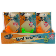 A display box of Neato! Bird Whistles by Neato! features three bird-shaped whistles in orange and green, each individually packaged. The box reads "Warbles and Sings!" with star decorations for added charm to this fun sound toy.