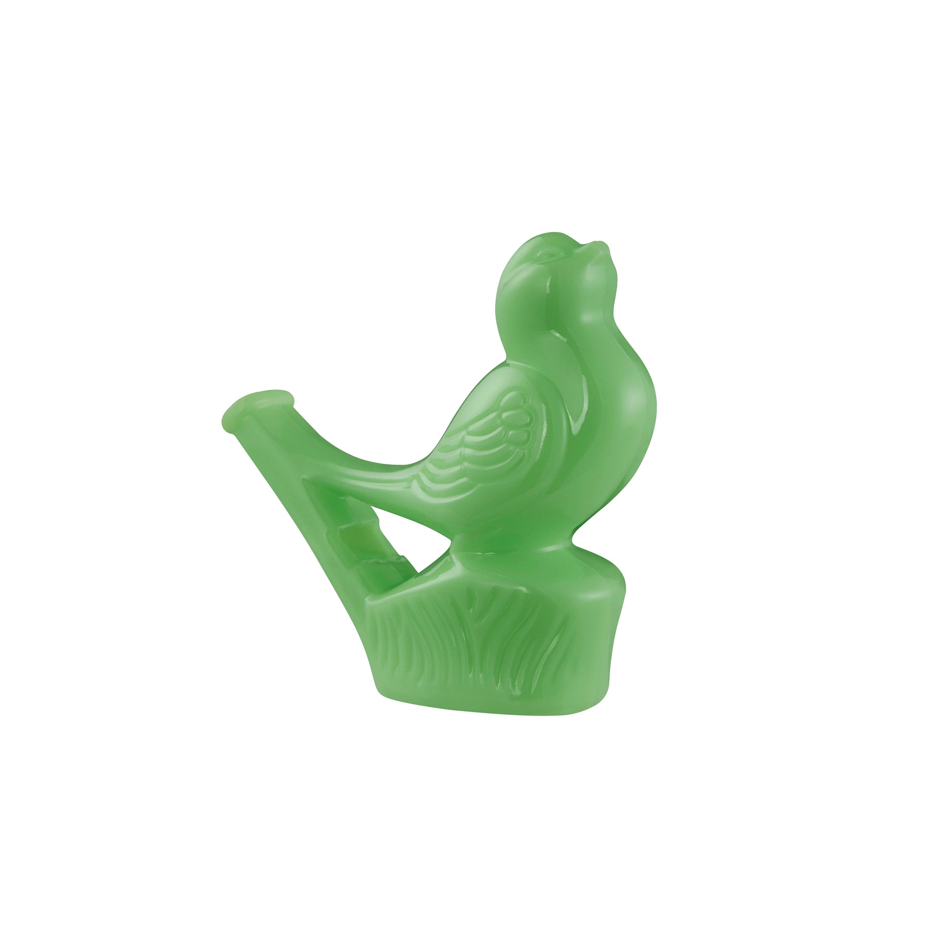 The Neato! Bird Whistle by Neato! is a small green plastic toy for kids, featuring detailed wings and feathers. The bird stands upright on a base with a tail tube you blow into to make it whistle.