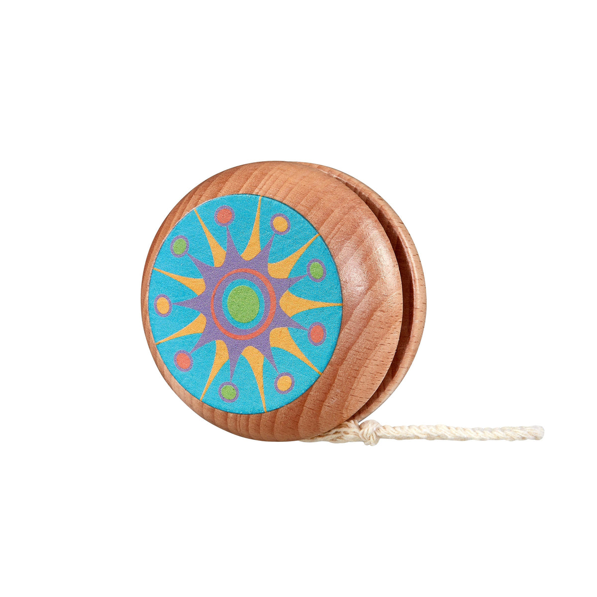 The Toysmith 2024 Neato! Pre-Filled Display features best-selling wooden yo-yos with colorful sunburst designs and attached white strings, perfect for eye-catching impulse item displays.