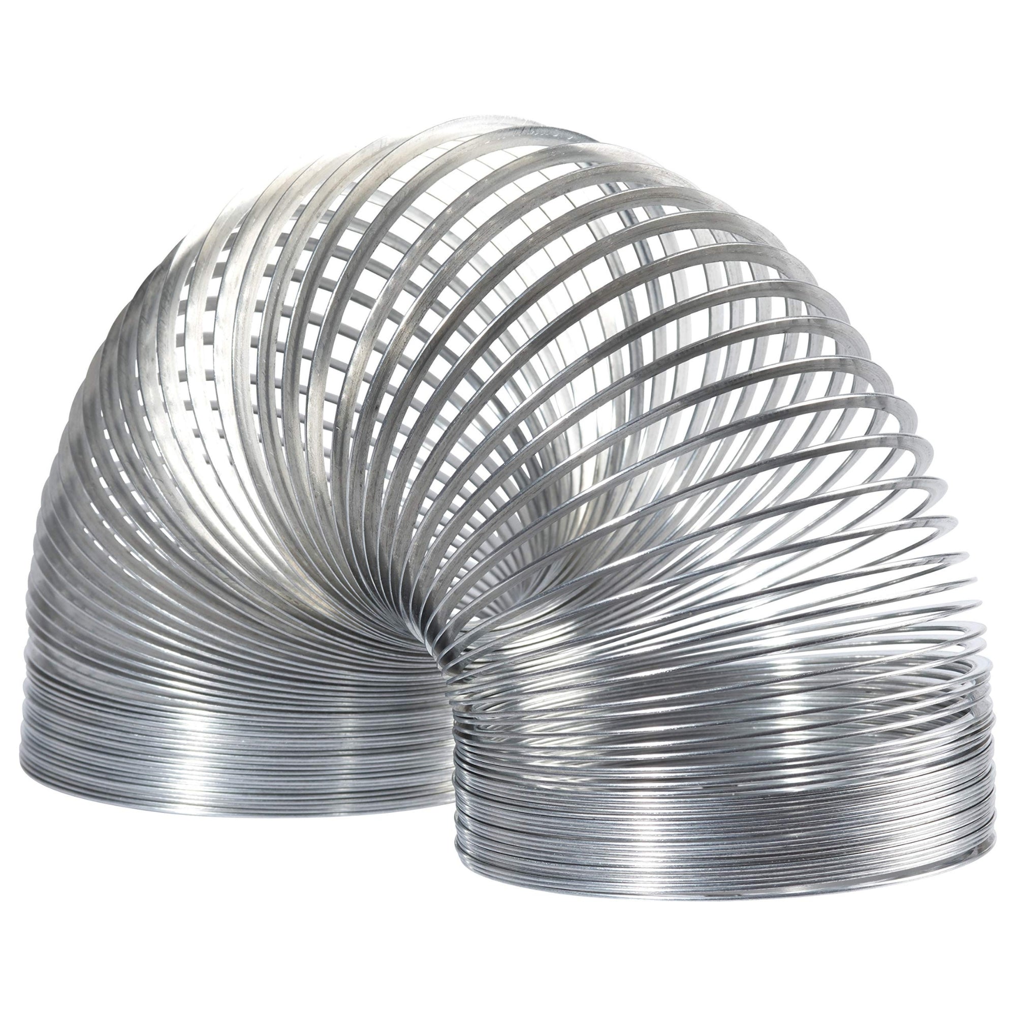 The Neato! Metal Magic Spring, a coiled metal toy, is arched in an inverted U-shape on a white background. Its shiny silver coils reflect light, showcasing the classic appeal of this timeless Neato! Metal Magic Spring.