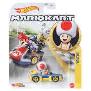 The Mattel Hot Wheels Mario Kart Replica Die Cast Vehicles line includes a Toad figure in a blue and yellow Mach 8, packaged with artwork of Mario, Bowser, and Yoshi—ideal for Mario Kart fans and collectors alike.
