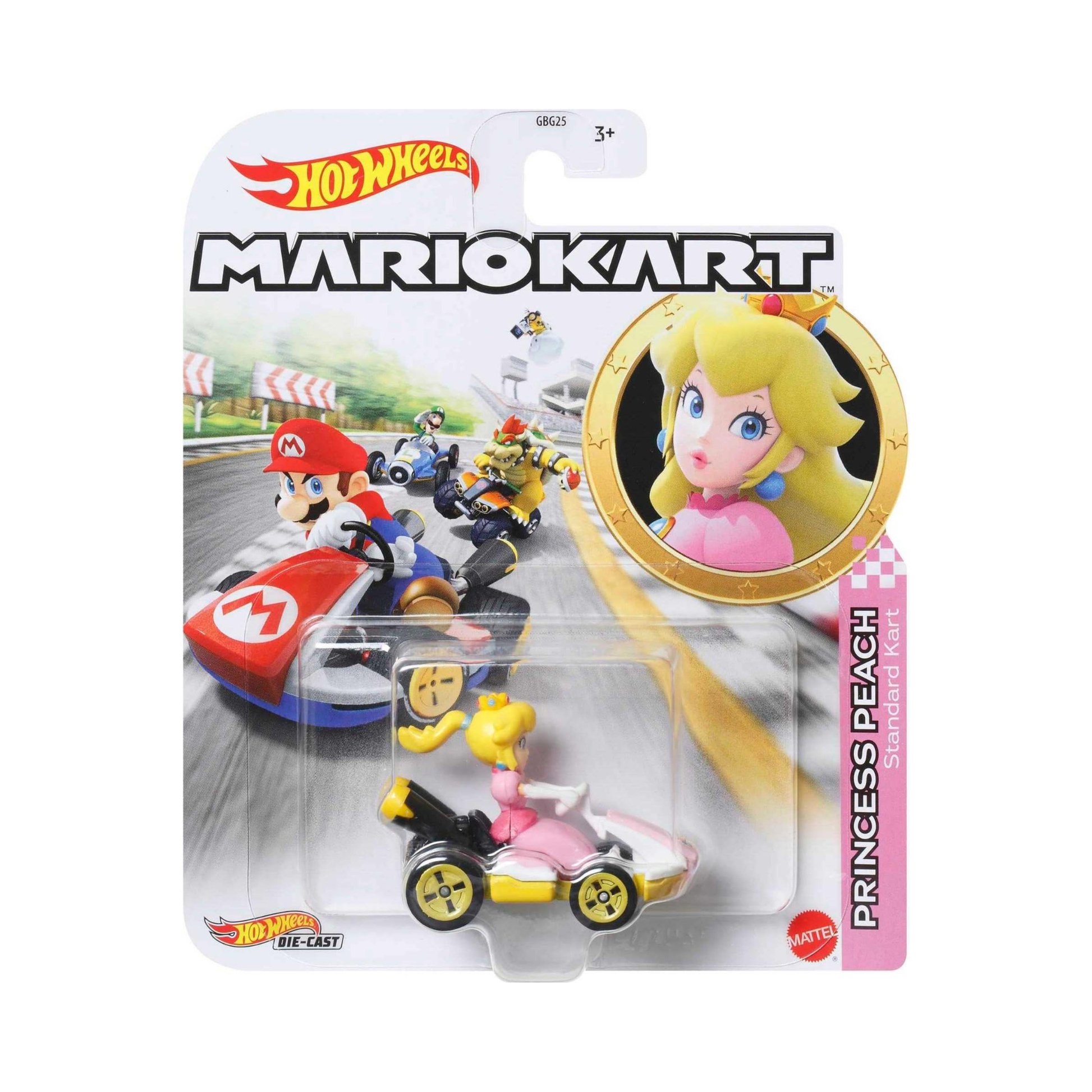 The Mattel Hot Wheels Mario Kart Replica Die Cast Vehicle features Princess Peach in a pink car, packaged with Mario and friends racing in the background. A must-have collectible with official Hot Wheels and Mario Kart logos.