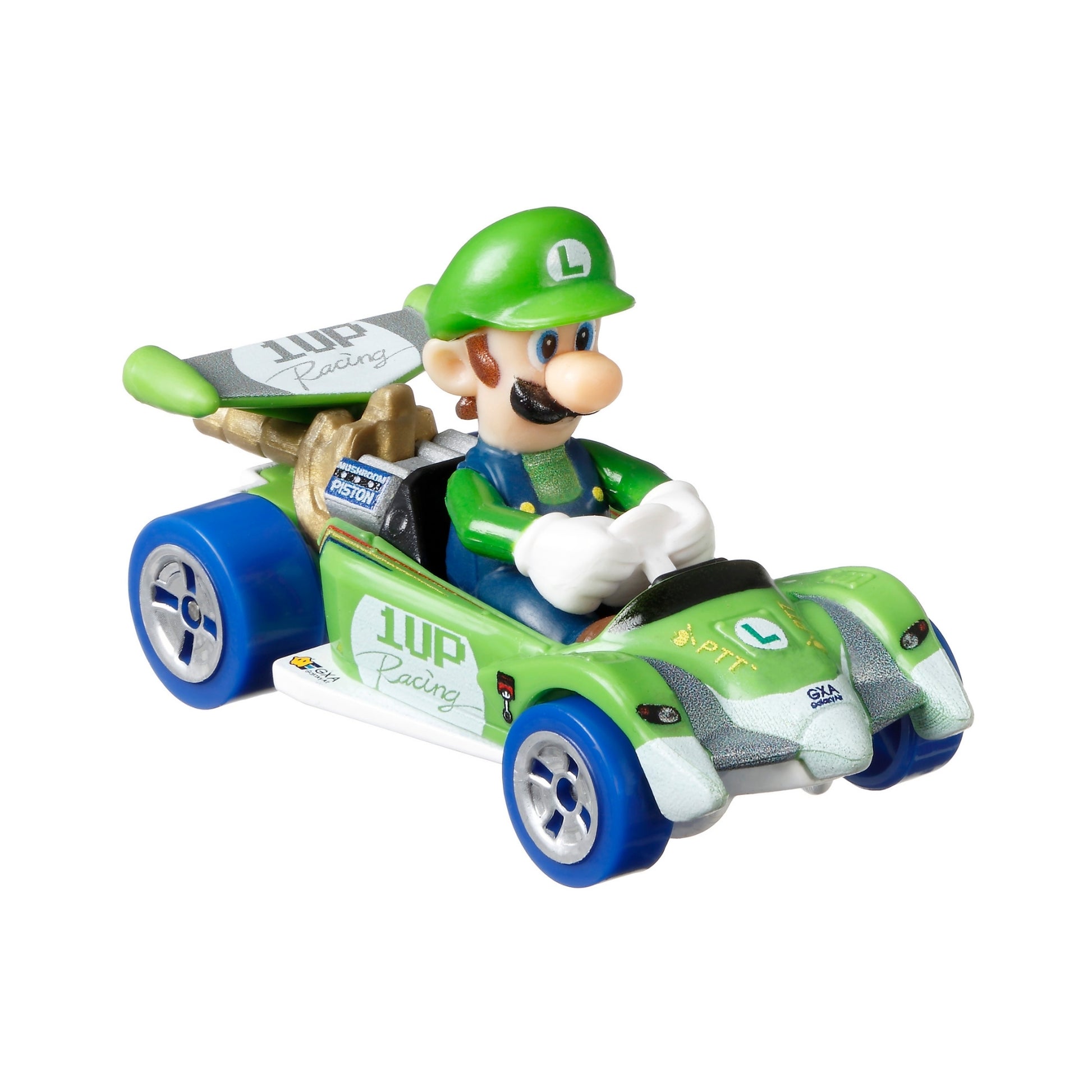 The Mattel Hot Wheels Mario Kart Replica Die Cast Vehicle features Luigi in his green hat and outfit, driving a green race car with blue wheels and "1up Racing" on the side—perfect for Mario Kart collectibles fans.