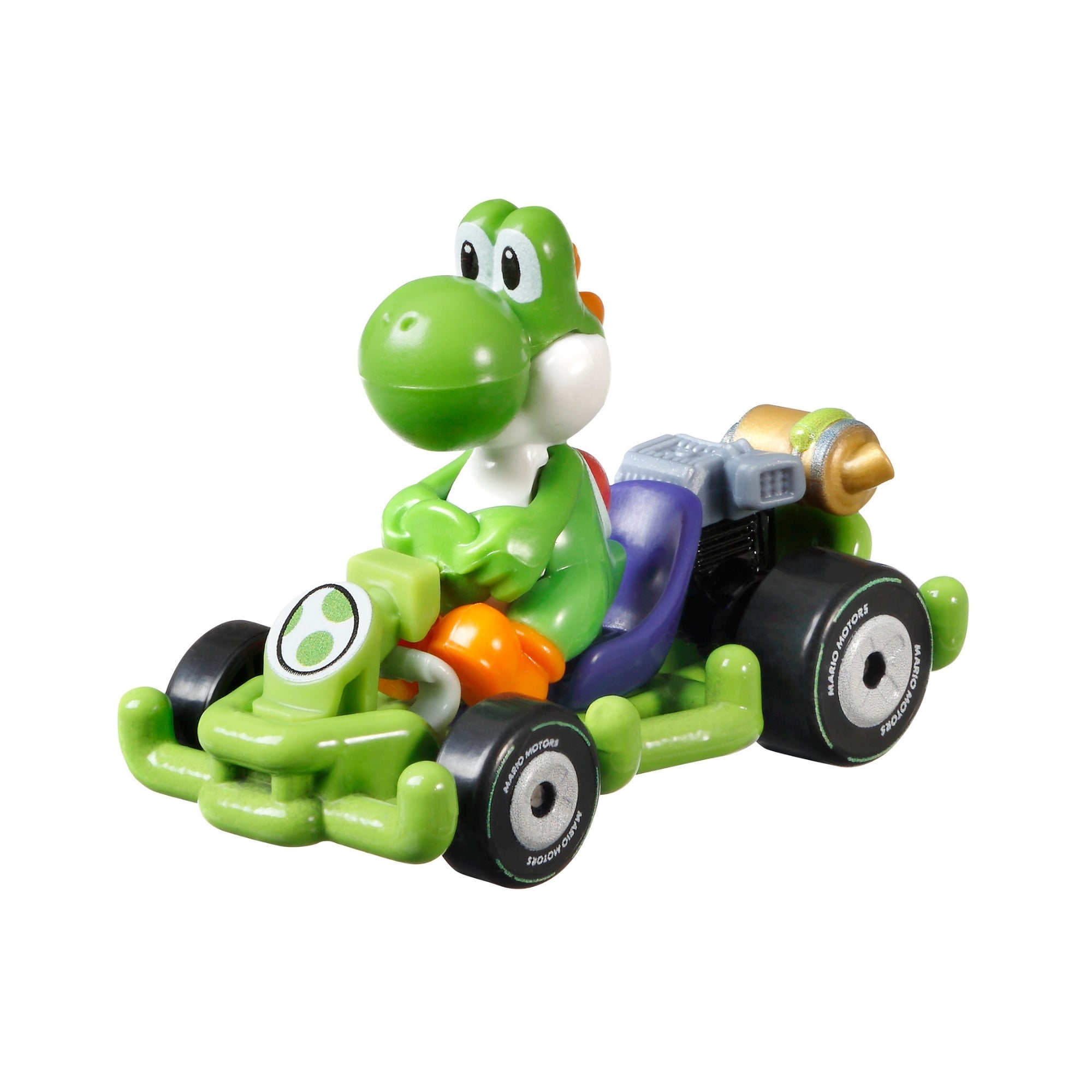 The Mattel Hot Wheels Mario Kart Replica Die Cast Vehicles feature Yoshi, the green dinosaur, in a detailed green and black racing kart—an ideal addition to any Mario Kart or Hot Wheels collection.