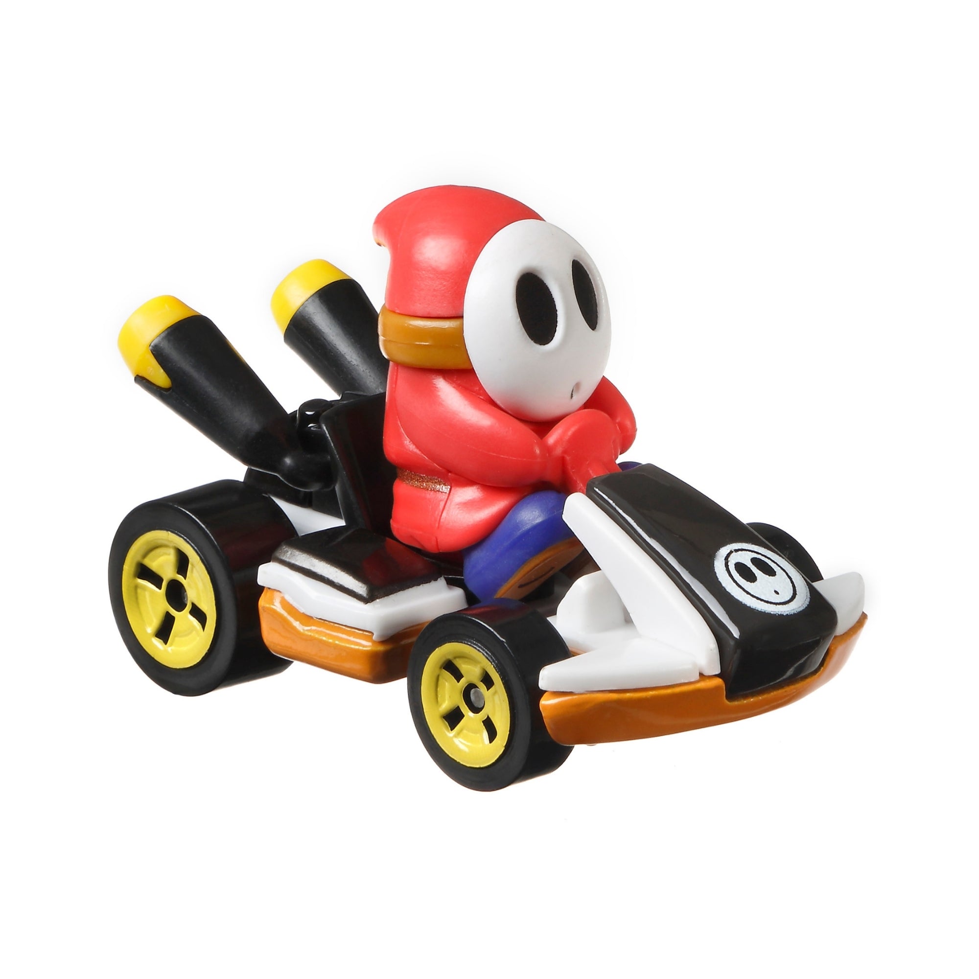 The Mattel Hot Wheels Mario Kart Replica Die Cast Vehicle features Shy Guy in a red hood and mask, driving a black and white kart with yellow-rimmed wheels—an ideal addition for Mario Kart collectors.