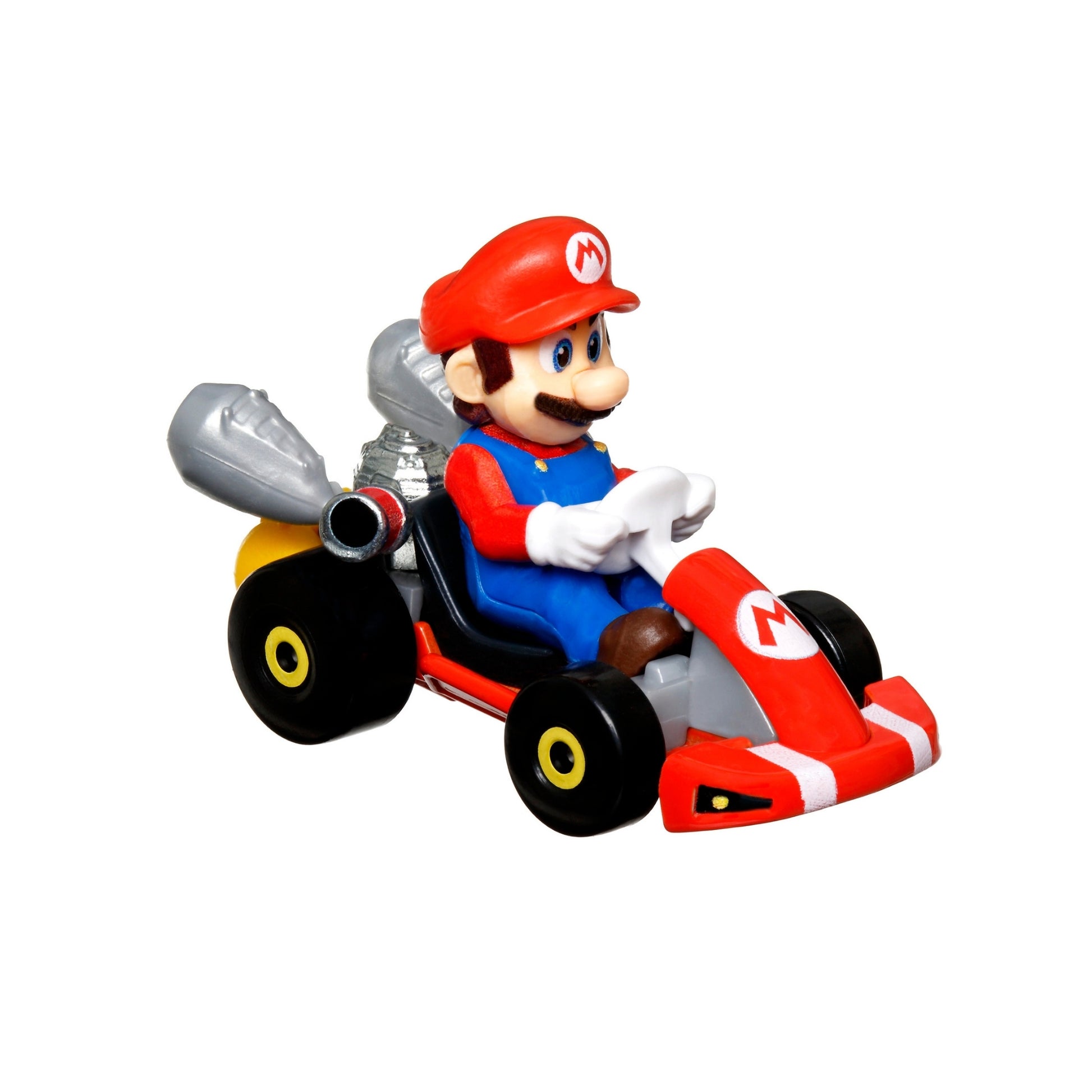 The Mattel Hot Wheels Mario Kart Replica Die Cast Vehicle shows Mario driving a red and blue go-kart with yellow wheels and a silver engine, displayed on a white background.