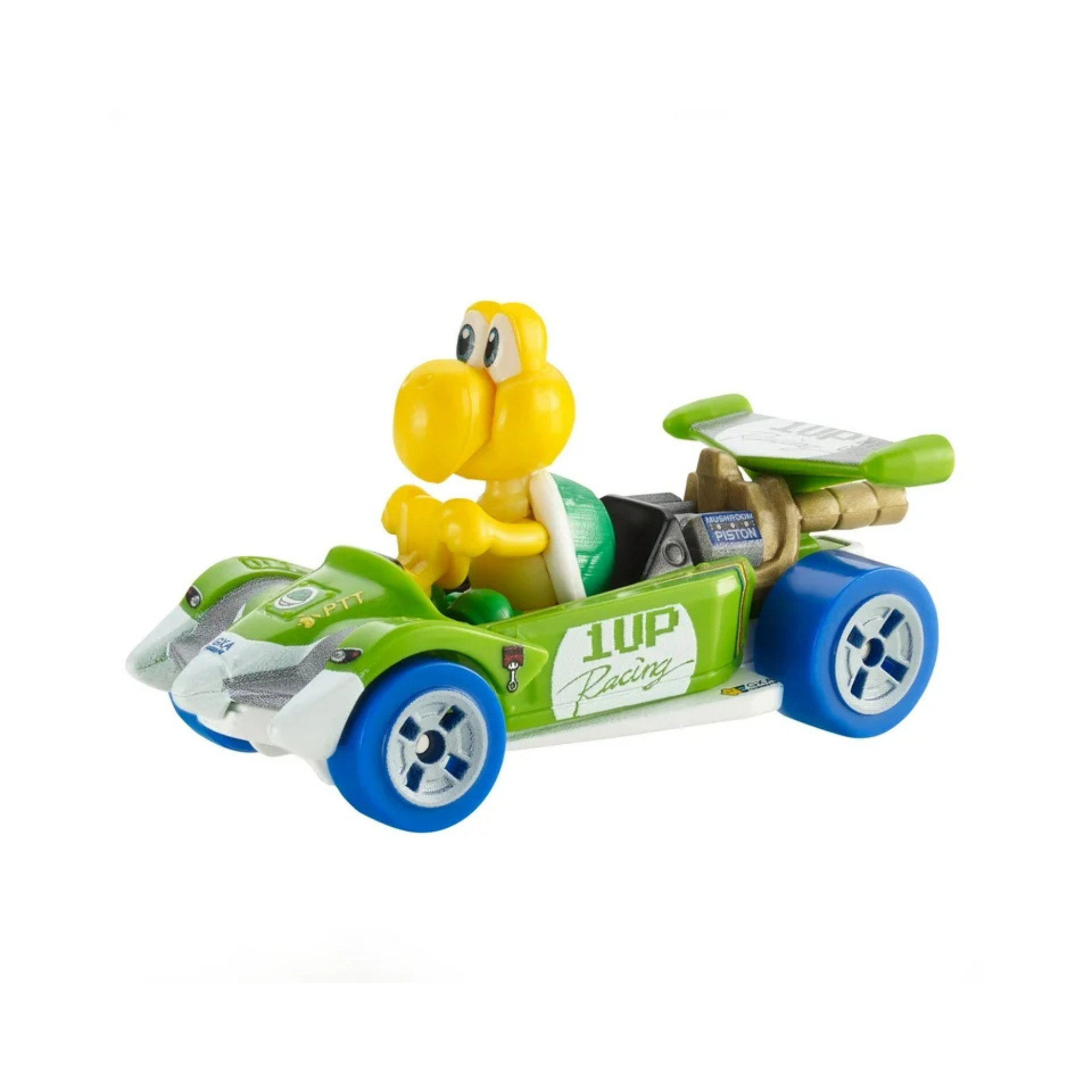 The Mattel Hot Wheels Mario Kart Replica Die Cast Vehicle features a yellow cartoon turtle driver in a green and white 1UP Racing car with blue wheels and rear spoiler—a fun collectible displayed on a white background.