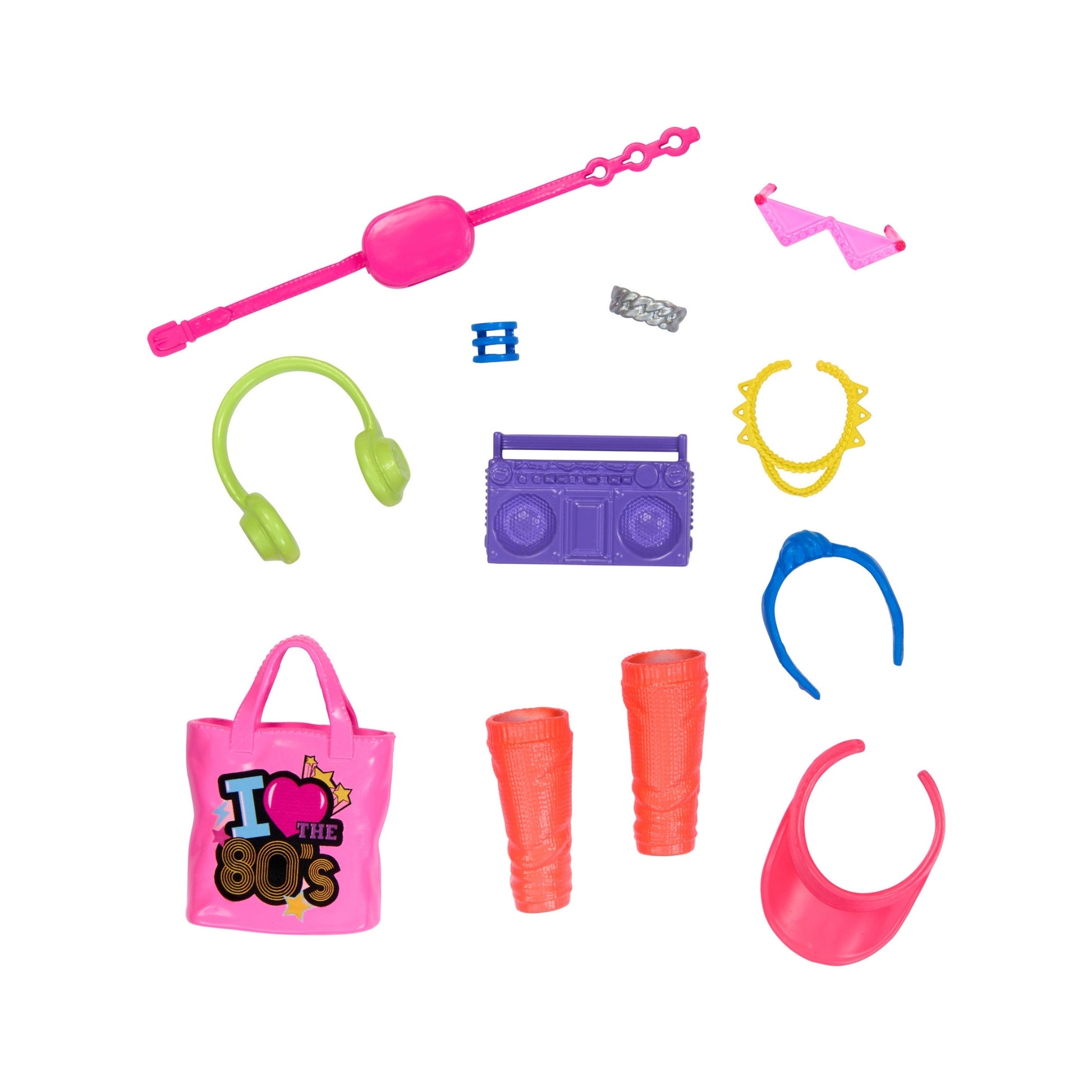 The Mattel Barbie Fashion Storytelling Pack includes colorful toy headphones, a boombox, sunglasses, jewelry, a pink visor, leg warmers, an “I love the 80s” tote bag, headband, and bracelet for imaginative play.