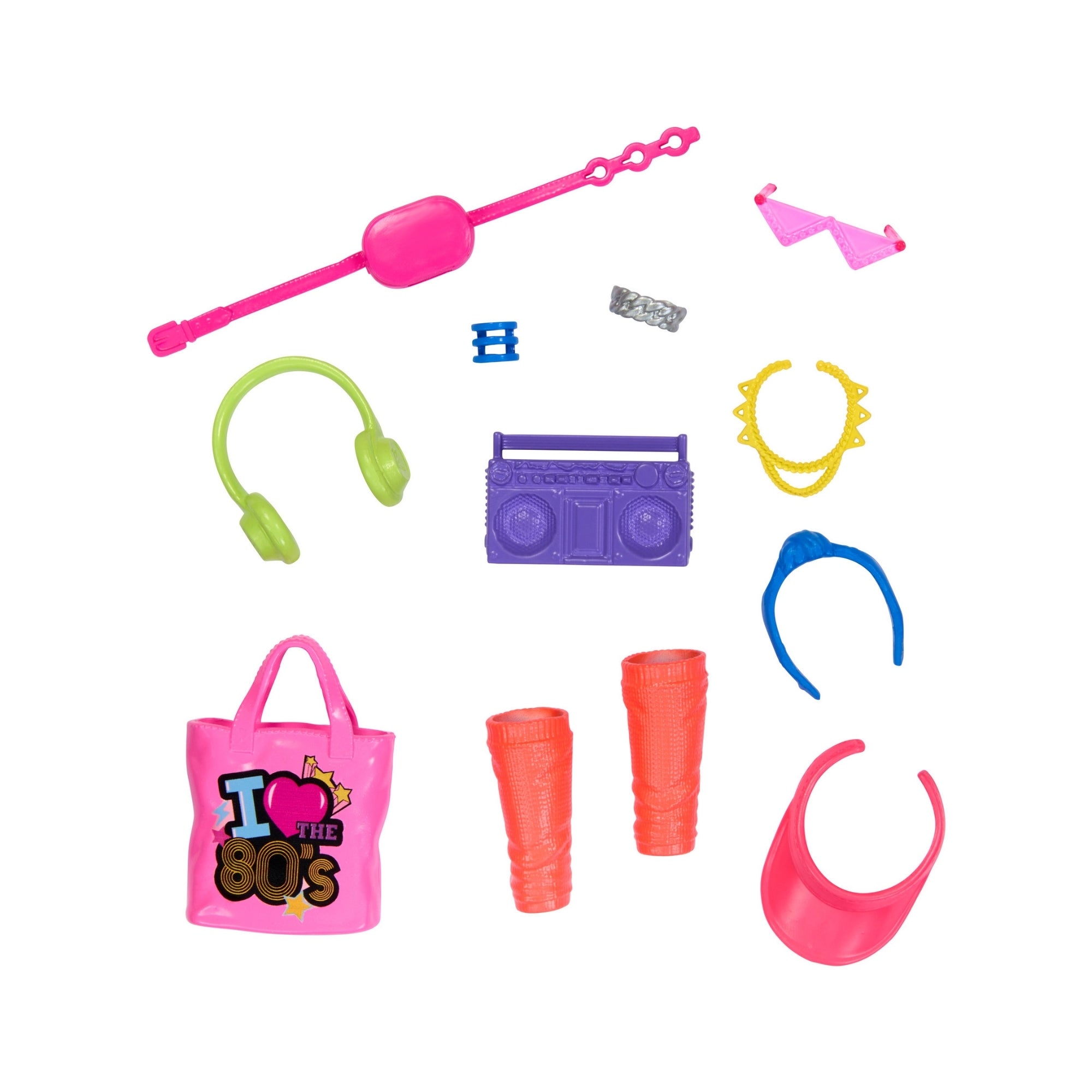 The Mattel Barbie Fashion Storytelling Pack includes colorful toy headphones, a boombox, sunglasses, jewelry, a pink visor, leg warmers, an “I love the 80s” tote bag, headband, and bracelet for imaginative play.