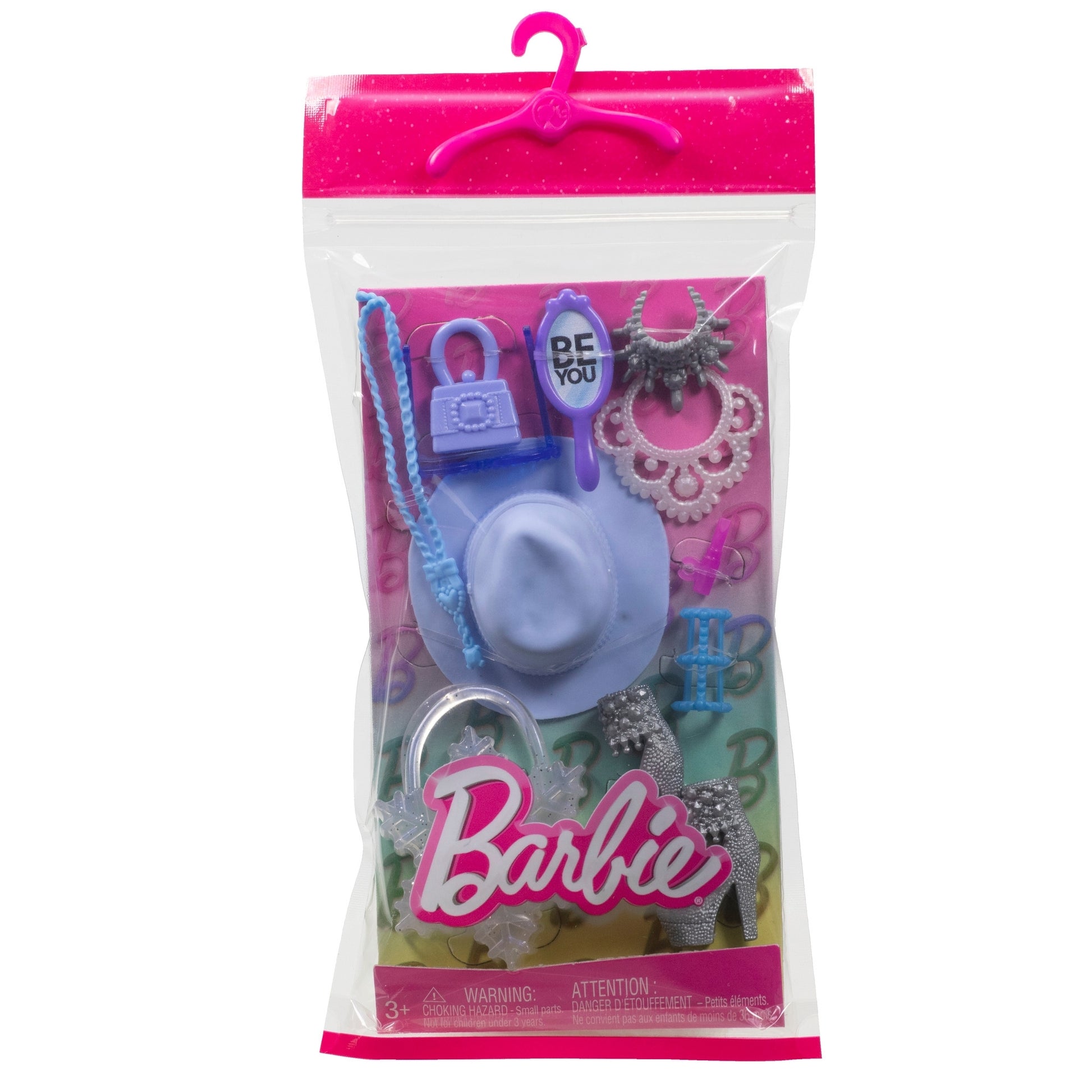 The Mattel Barbie Fashion Storytelling Pack comes in a resealable bag with the Barbie logo and a pink hanger, and includes a blue hat, purple purse, silver shoes, pink jewelry, and more colorful accessories.