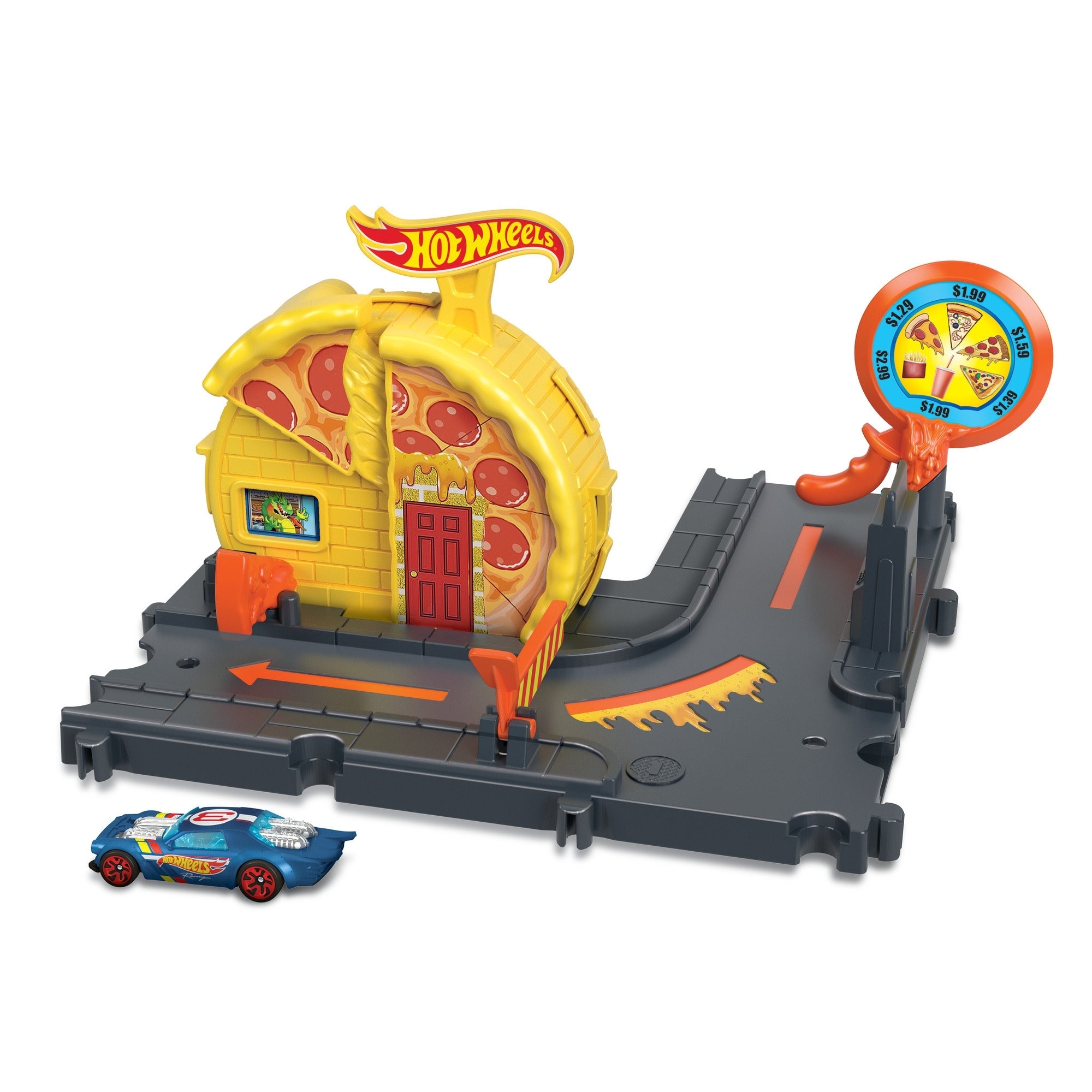 The Mattel Hot Wheels City Entry Playset features a yellow pizza shop shaped like a slice, a toy car, track pieces, and a spinning pizza sign for fun pizza-themed racing adventures.