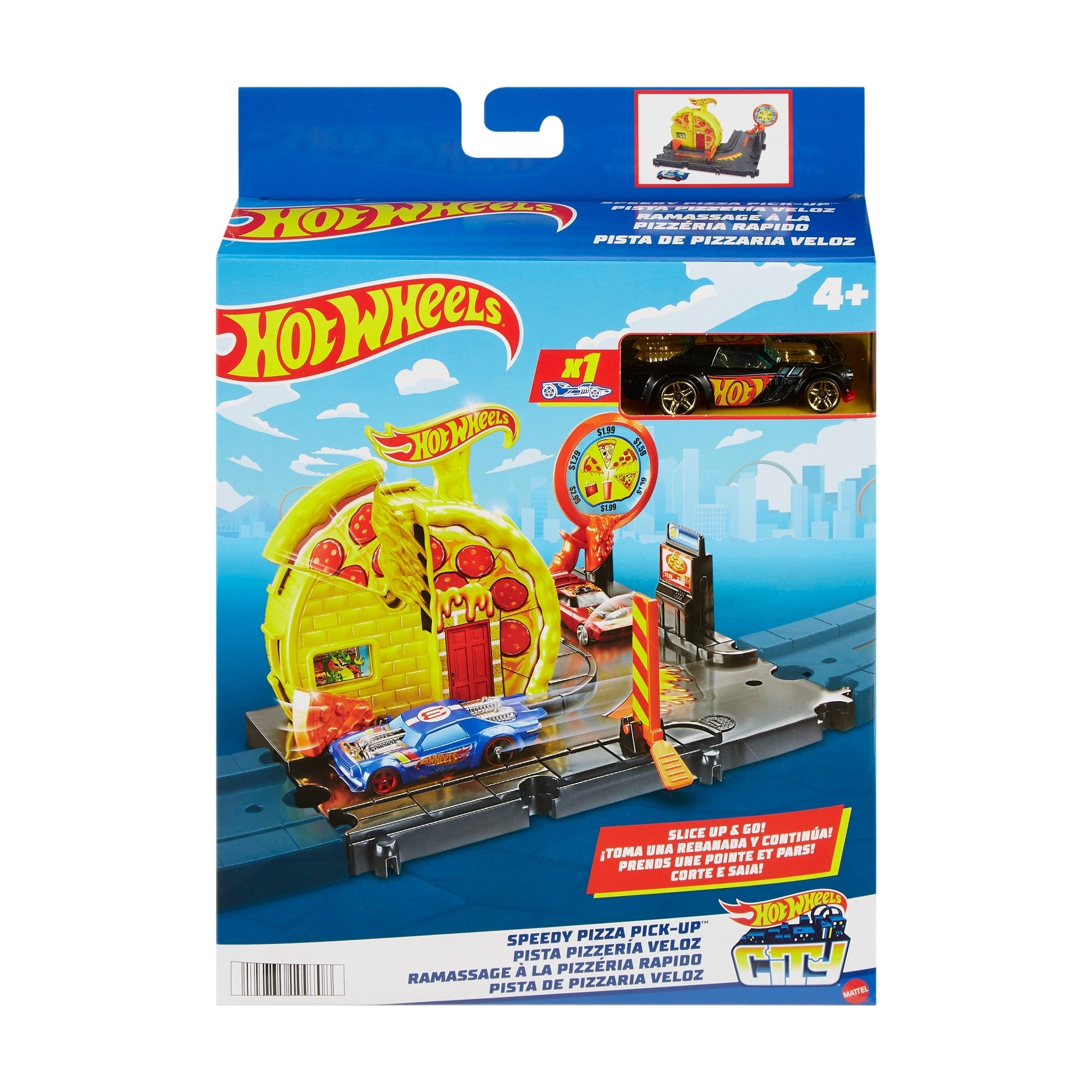 The Mattel Hot Wheels City Entry Playset packaging highlights a pizza shop, ramp, and blue race car. With a fun pizza theme, it's perfect for racing fans and recommended for ages 4+.
