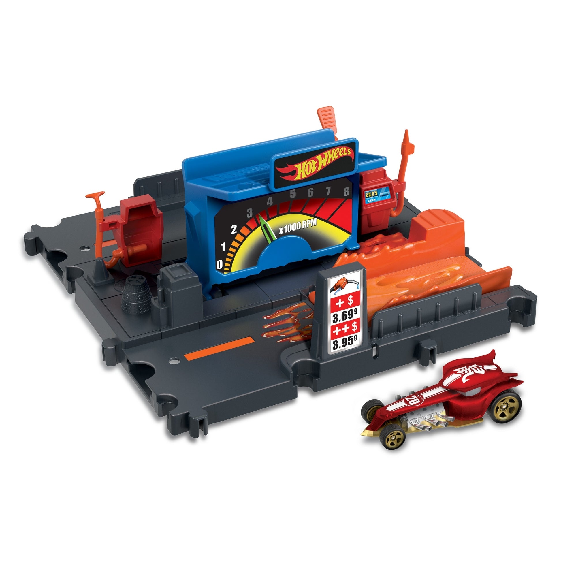 The Mattel Hot Wheels City Entry Playset includes a red and yellow race car, launch pad, RPM meter, orange track, and gas price sign. With black and gray details plus Hot Wheels branding, it’s ideal for racing toy fans.
