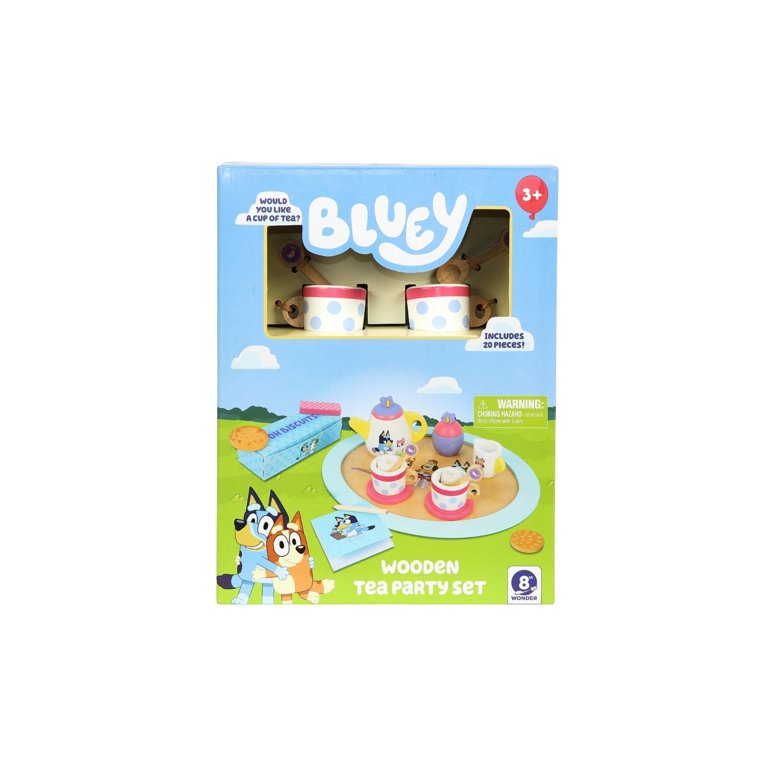 Bluey wooden tea party set packaging on a white background